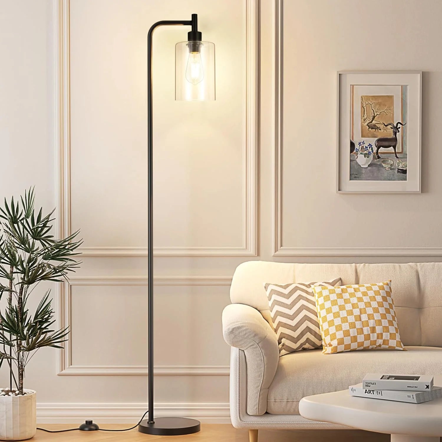 Modern Black Floor Lamp with Clear Glass Shade and LED Bulb