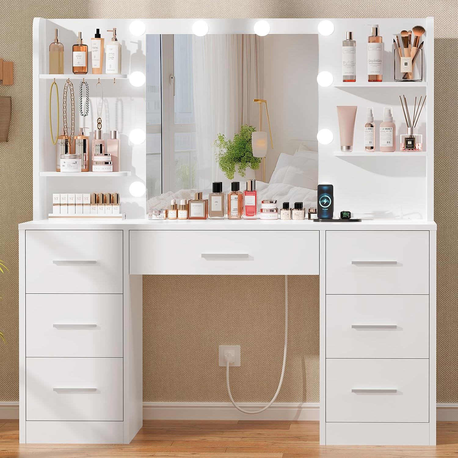 Quimoo Large Vanity Desk with LED Lighted Mirror & Power Outlet,Makeup Vanity Table