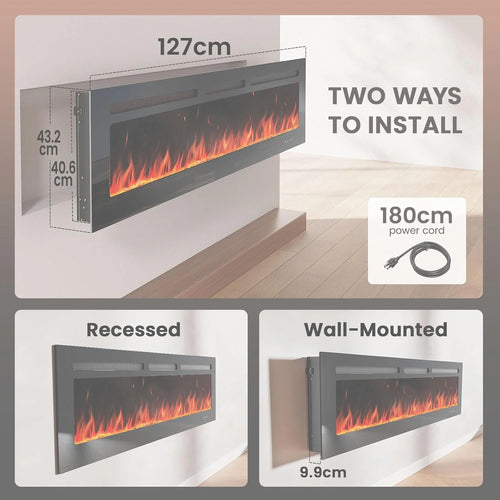 50 Smart Electric Fireplace 5300 BTU Heat Output, Ultra-Slim Wall-Mount or Built-In Electric Fireplace