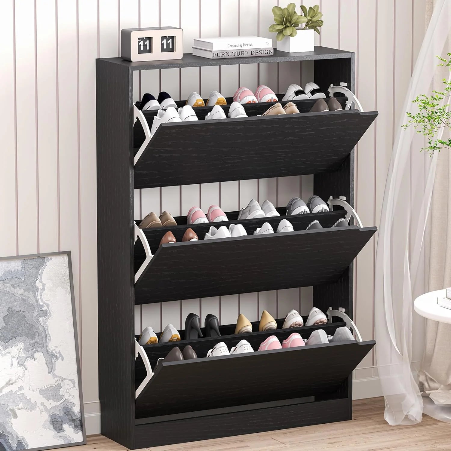 Shoe Cabinet with 3 Flip Drawers Hidden Wood Shoe Cabinet Freestanding Shoe Storage Cabinet