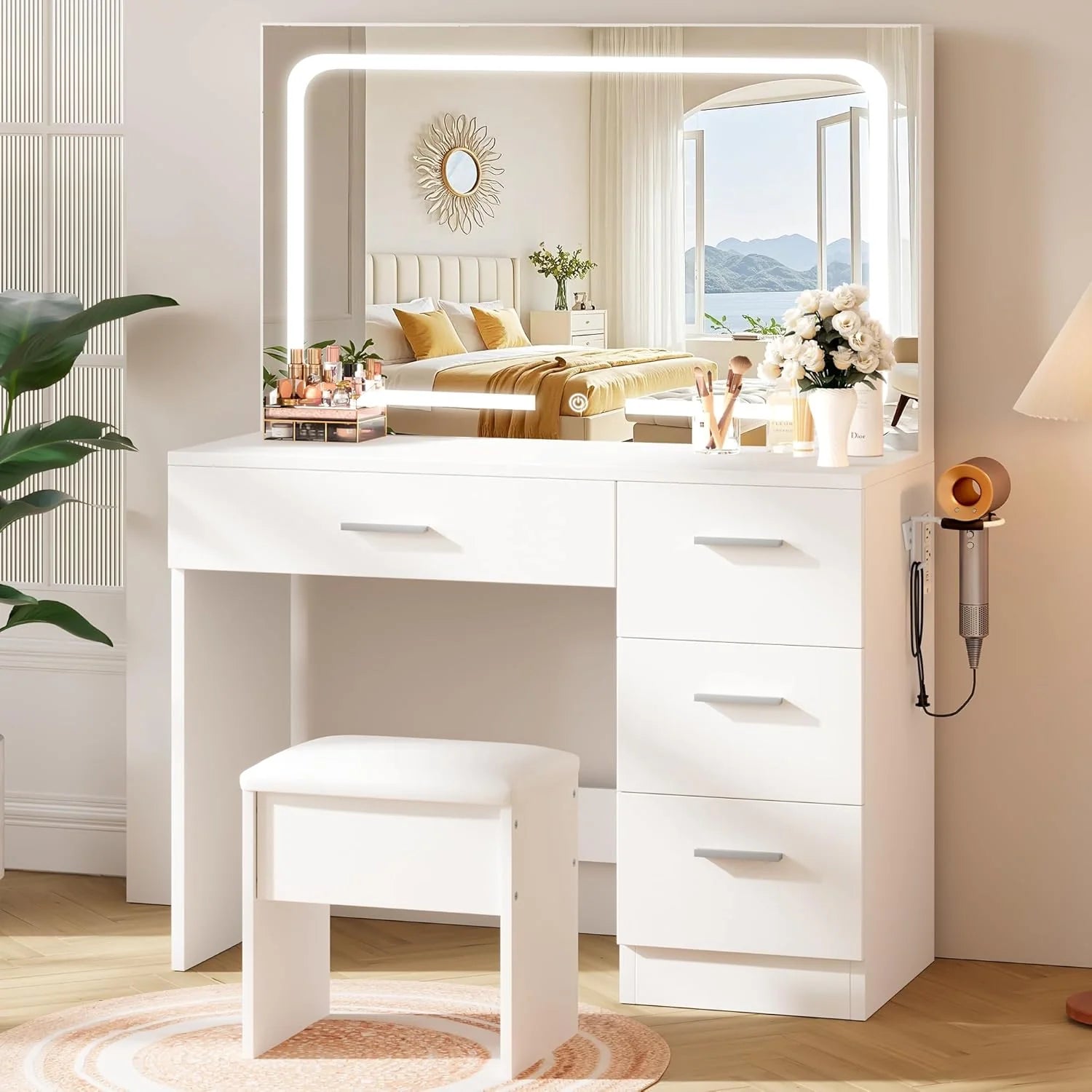 Makeup Vanity Desk Set, White, 35.4�M�� x 15.7 D x 53.9 H Large Smart LED Mirror