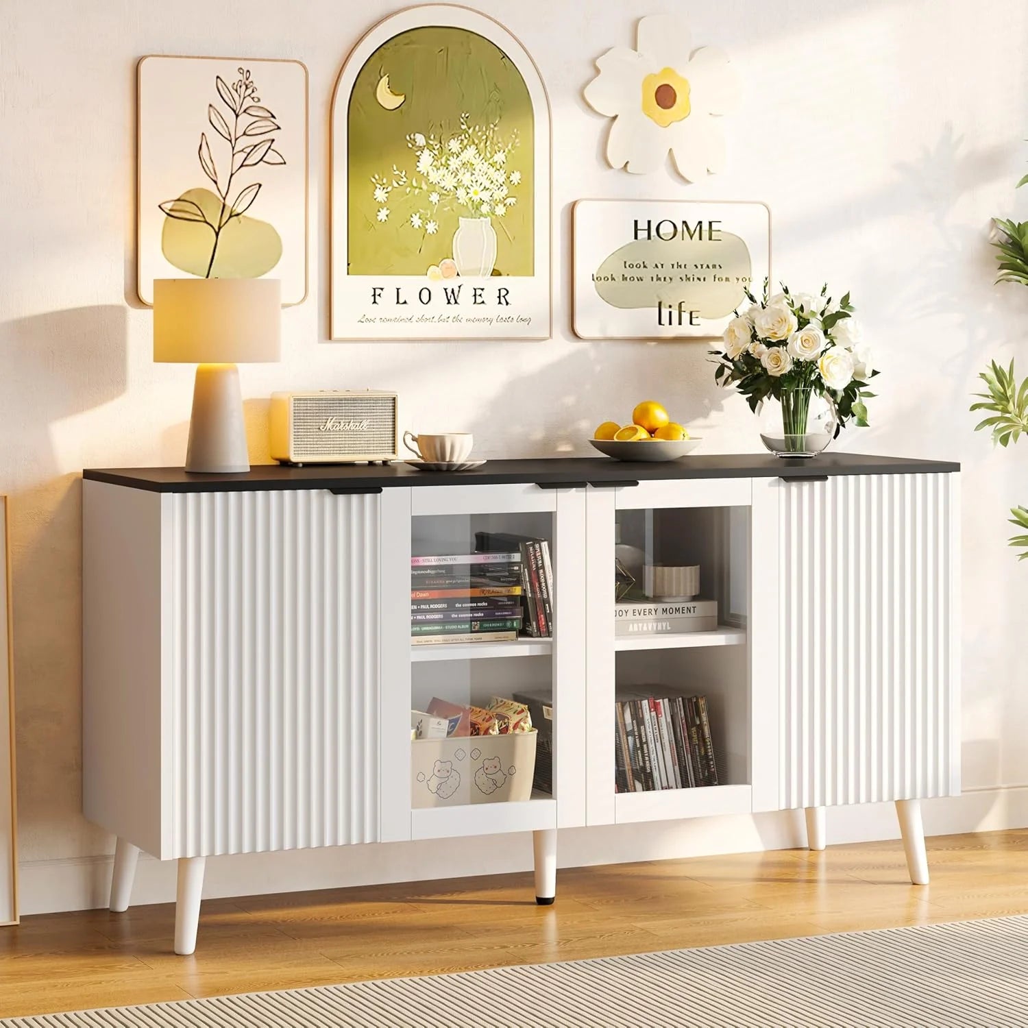 JASIWAY Buffet Cabinet with Storage 48 Rattan Sideboard Adjustable Shelves Modern Coffee Bar
