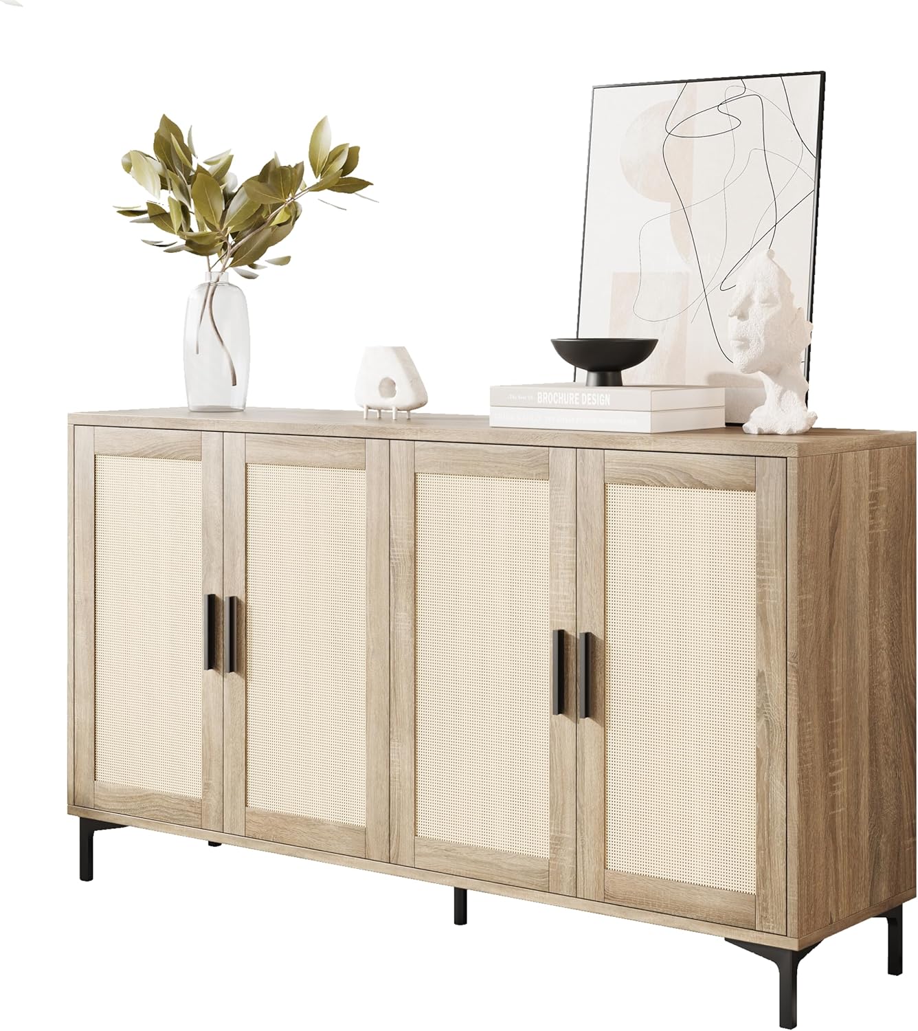 JASIWAY Buffet Cabinet with Storage 48 Rattan Sideboard Adjustable Shelves Modern Coffee Bar