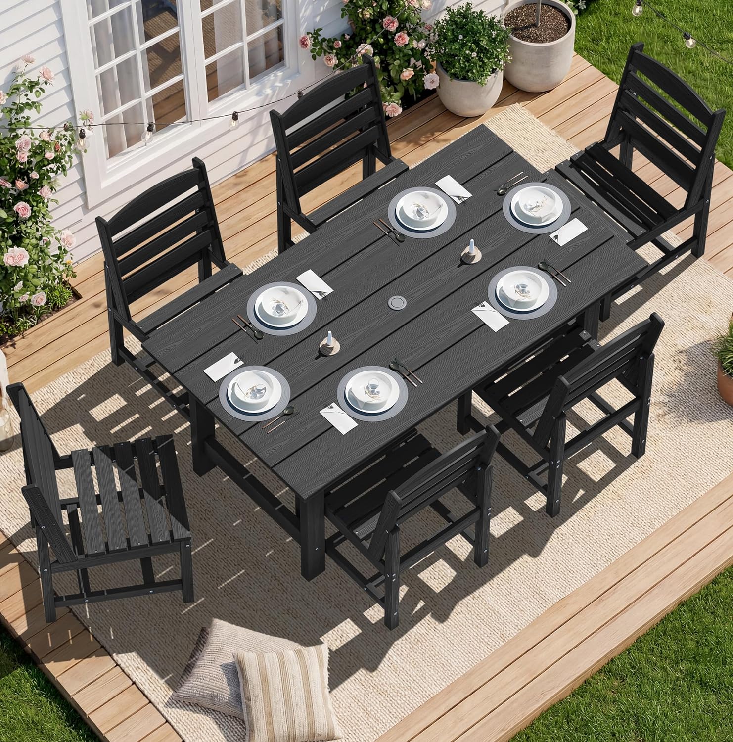SERWALL 7-Piece Patio Dining Table Sets, Outdoor HDPE Dining Furniture Set with Umbrella Hole Cut-Out Table and 6 Chairs, Blue