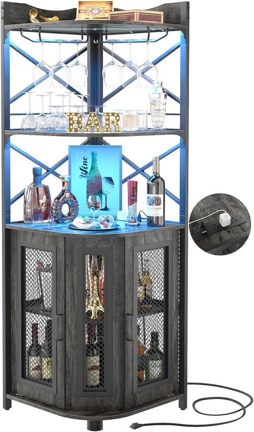 Aheaplus Corner Bar Cabinet with Power Outlet, Industrial Wine Cabinet with LED Strip and Glass Holder, 5-Tiers Liquor Cabinet Bar Unit for Home, Corner Display Cabinet for Small Space, White Oak