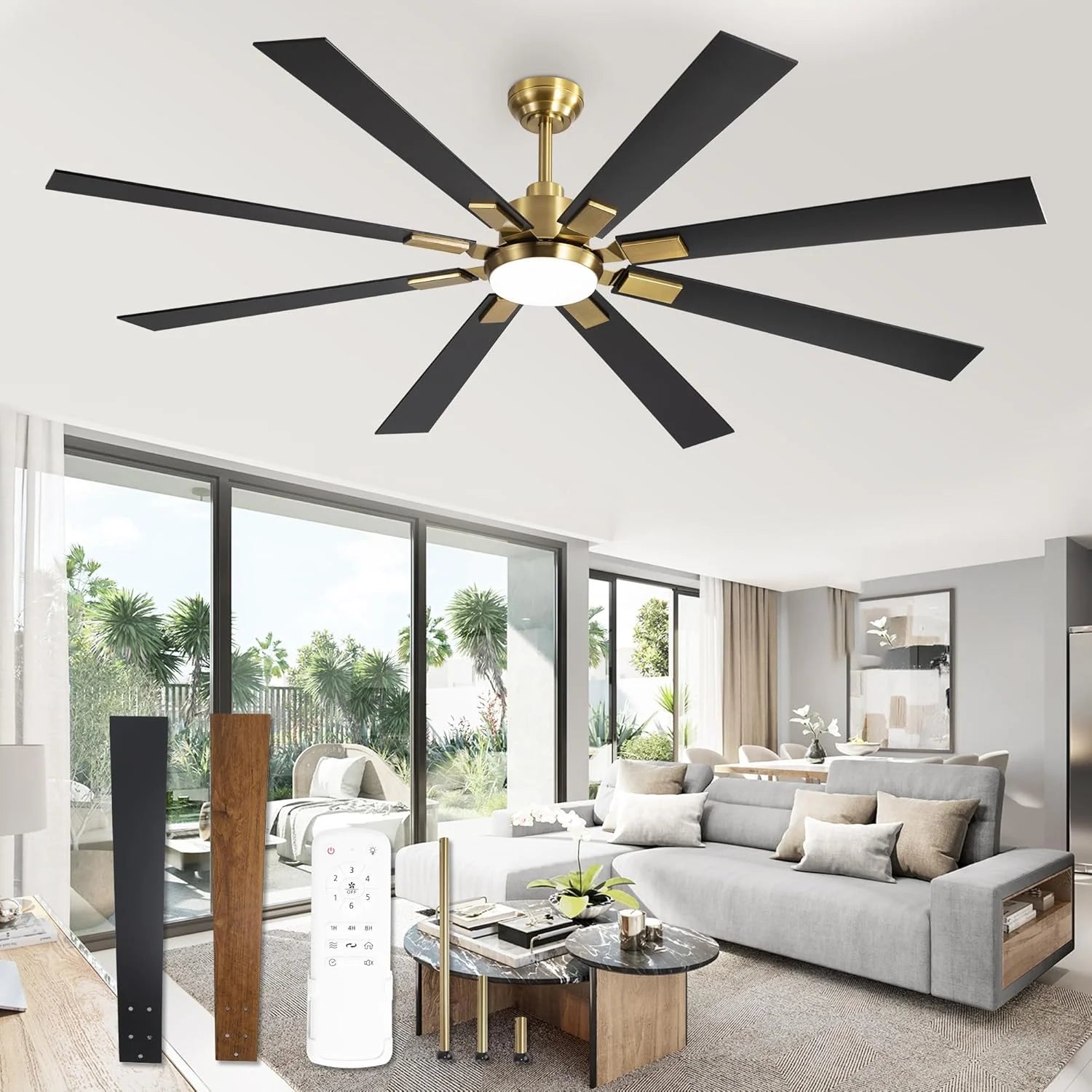 ZMISHIBO 72 inch Large Ceiling Fans with Lights and Remote, Indoor/Outdoor Black Modern Ceiling Fan for Kitchen Living Room Patio, 6 Speed Reversible Quiet DC Motor, 3 CCT, Dual Finish 8 Blades