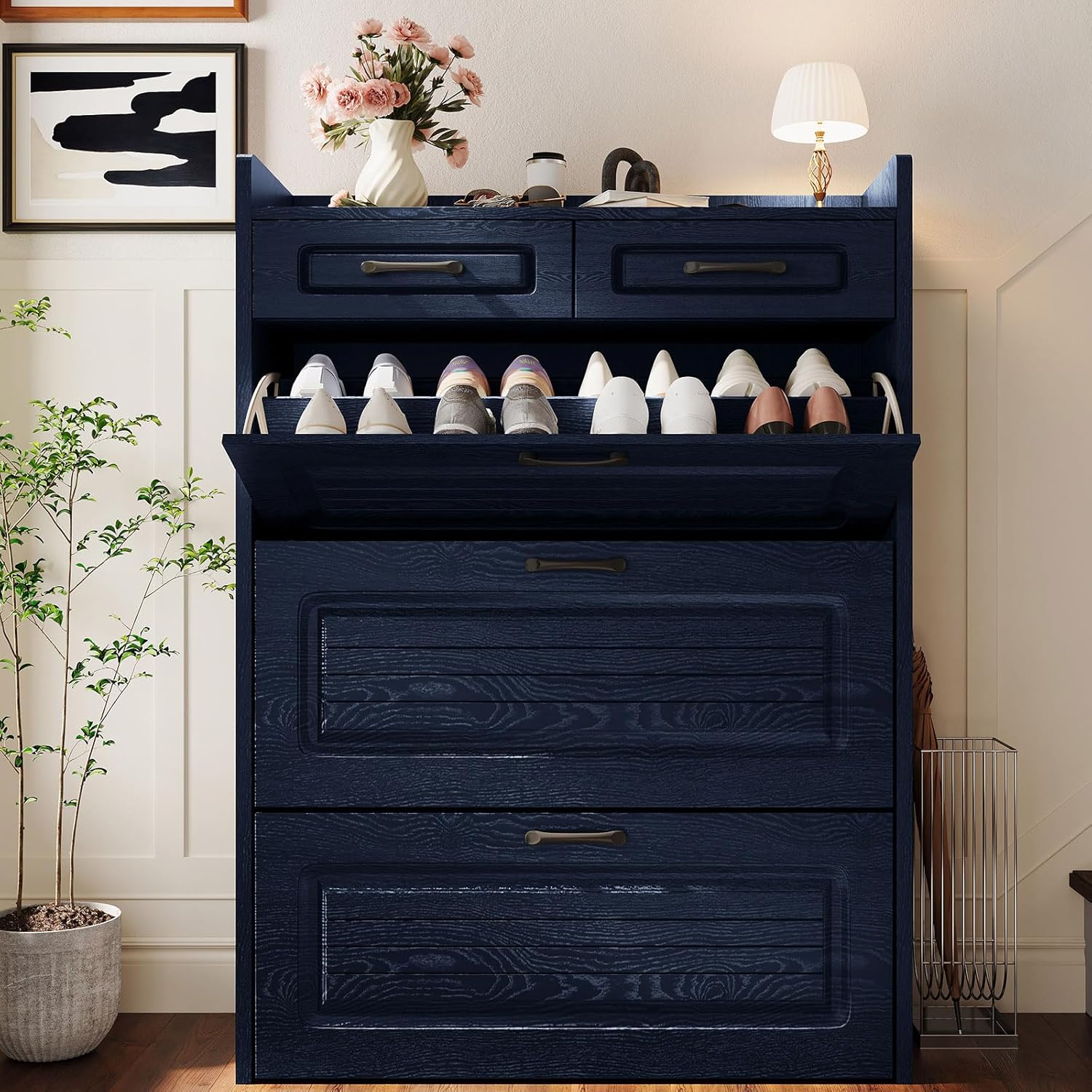 Shoe Cabinet with 3 Large Flip Drawers & 2 Storage Drawers, Narrow Shoe Organizer Cabinet Fits