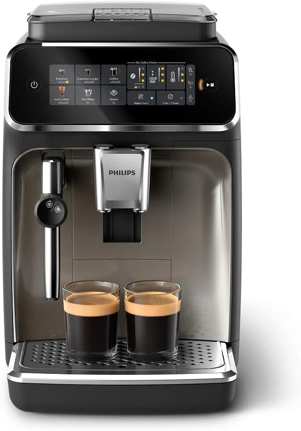 Philips 3300 Series Fully Automatic Espresso Machine with LatteGo Milk System and integrated grinder, 6 Hot & Iced Coffee Pre-Sets, 40% Quieter SilentBrew, 15-Bar Pressure, Glossy Black (EP3341/50)