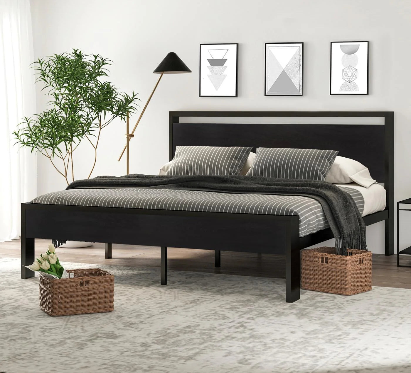 SHA CERLIN 14 Inch Full Size Metal Platform Bed Frame with Wooden Headboard and Footboard
