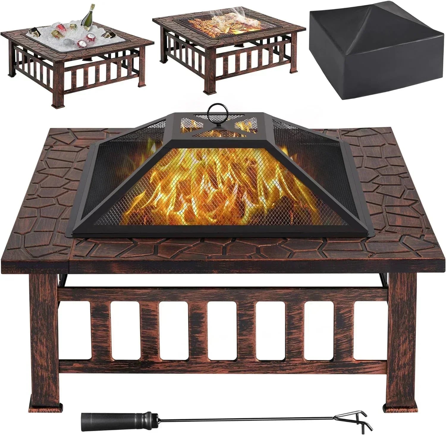 Yaheetech Multifunctional Fire Pit Table Square Metal Firepit Stove Backyard Patio Garden Fireplace