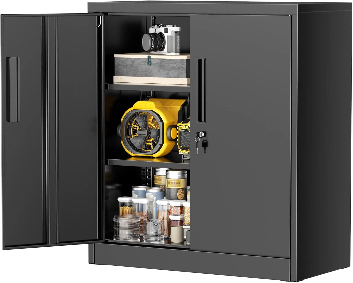 Greenvelly Metal Storage Cabinet, 72 Black Locking Metal Cabinet with 2 Doors and 4 Adjustable Shelves, Lockable Garage Storage Cabinets for Home Office, Garage, Kitchen, Living Room