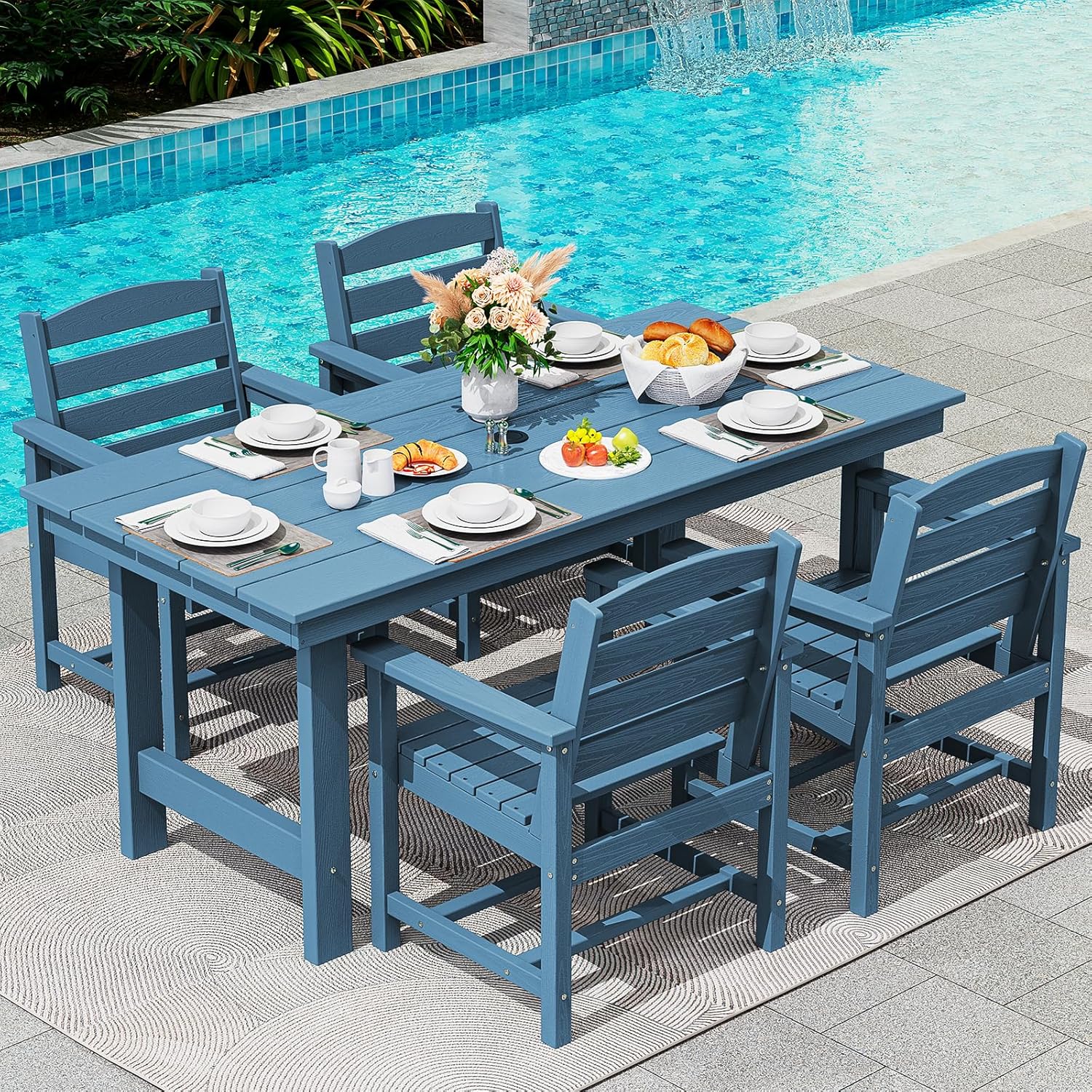 SERWALL 7-Piece Patio Dining Table Sets, Outdoor HDPE Dining Furniture Set with Umbrella Hole Cut-Out Table and 6 Chairs, Blue
