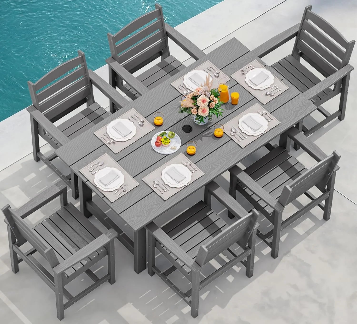 SERWALL 7-Piece Patio Dining Table Sets, Outdoor HDPE Dining Furniture Set with Umbrella Hole Cut-Out Table and 6 Chairs, Blue