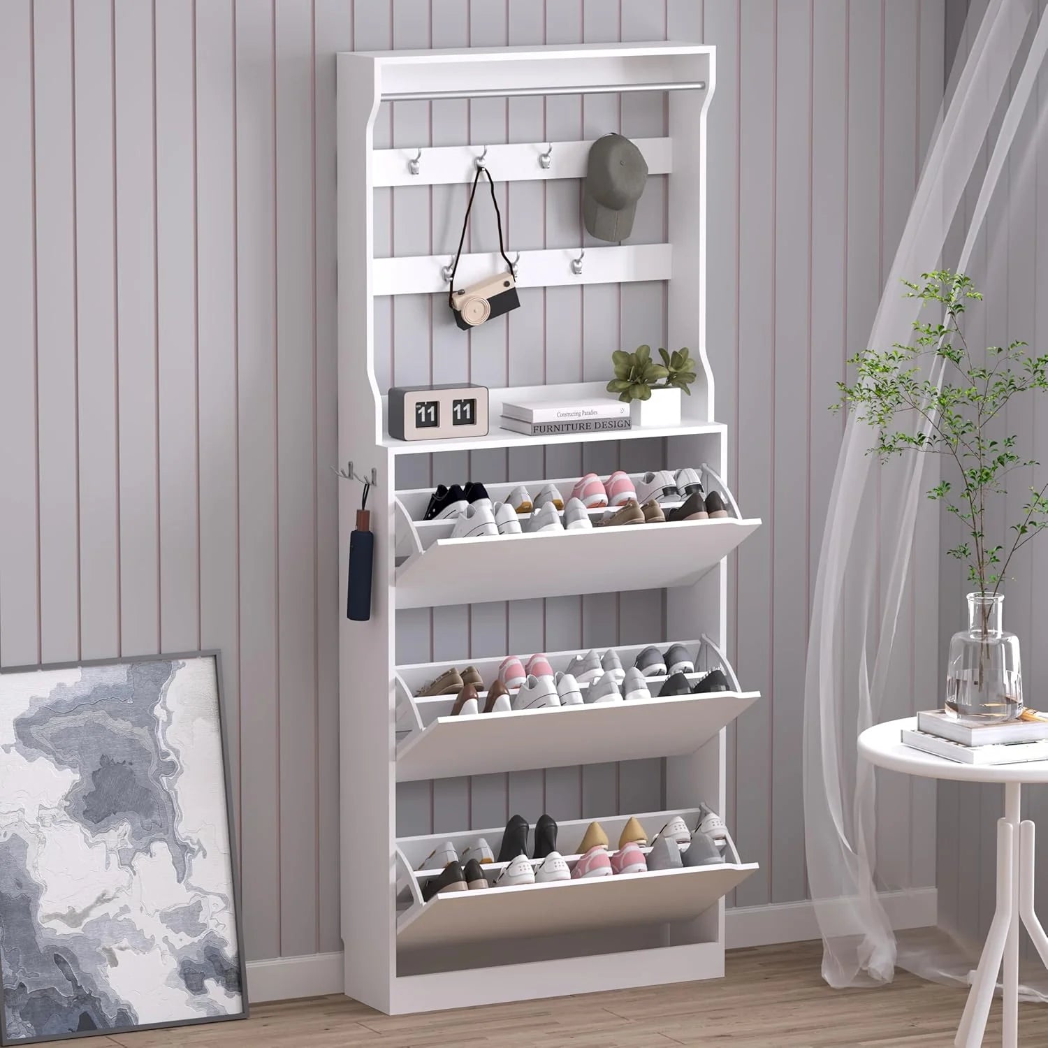 Shoe Cabinet with 3 Flip Drawers Hidden Wood Shoe Cabinet Freestanding Shoe Storage Cabinet