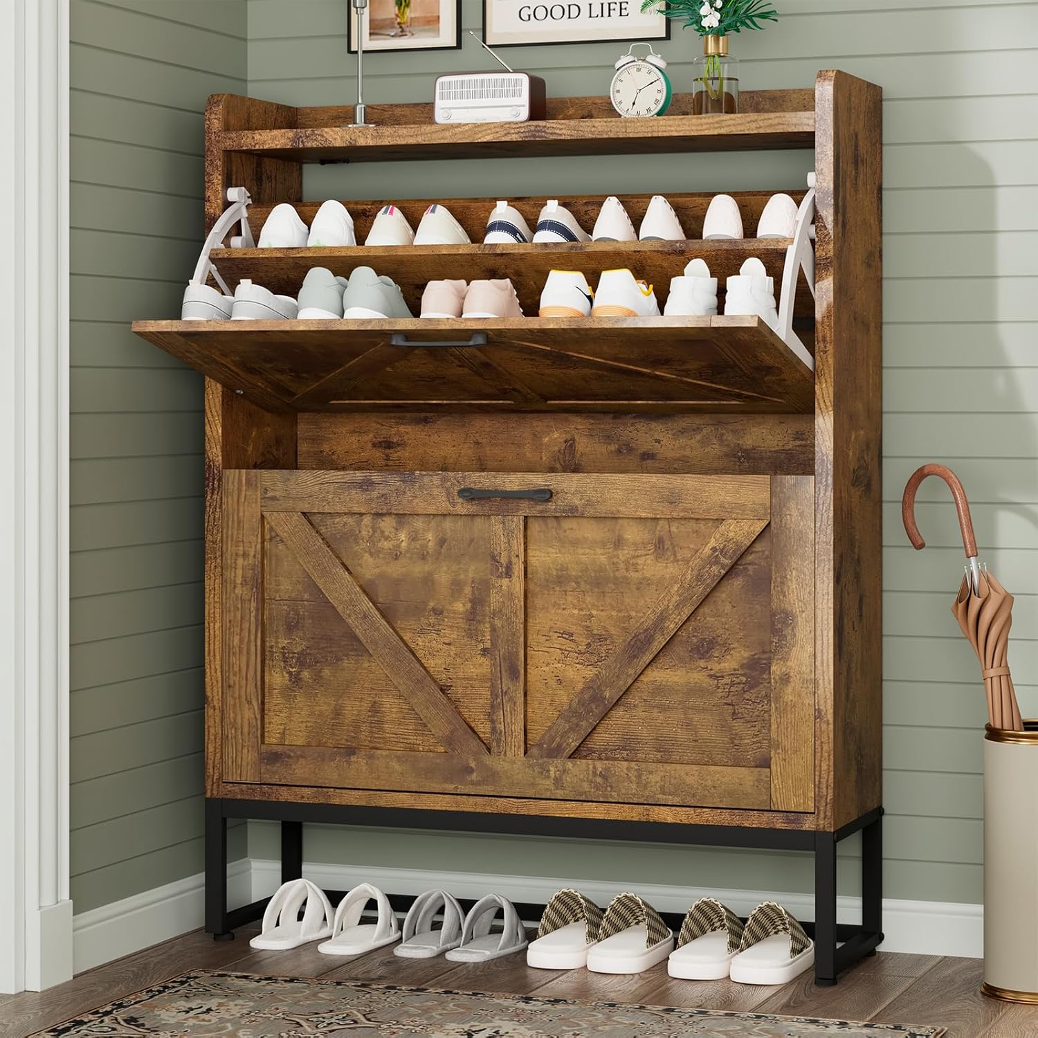 Shoe Cabinet, Shoe Storage Cabinet with 2 Flip Drawers & Adjustable Shelf
