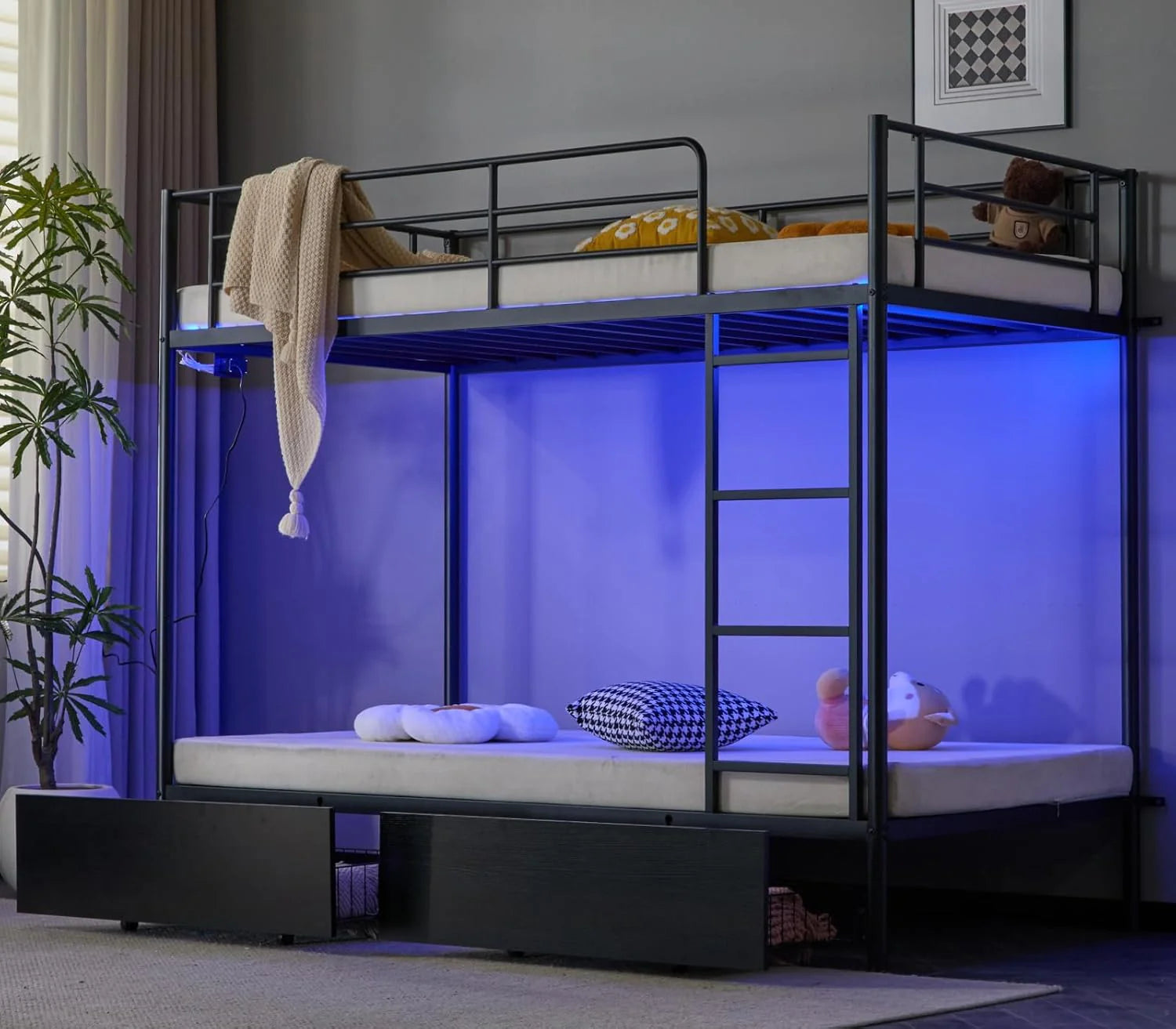 VINGLI Metal Bunk Bed Frame Twin Over Twin with LED Lights Non-Slip Ladder Full Length Guardrail