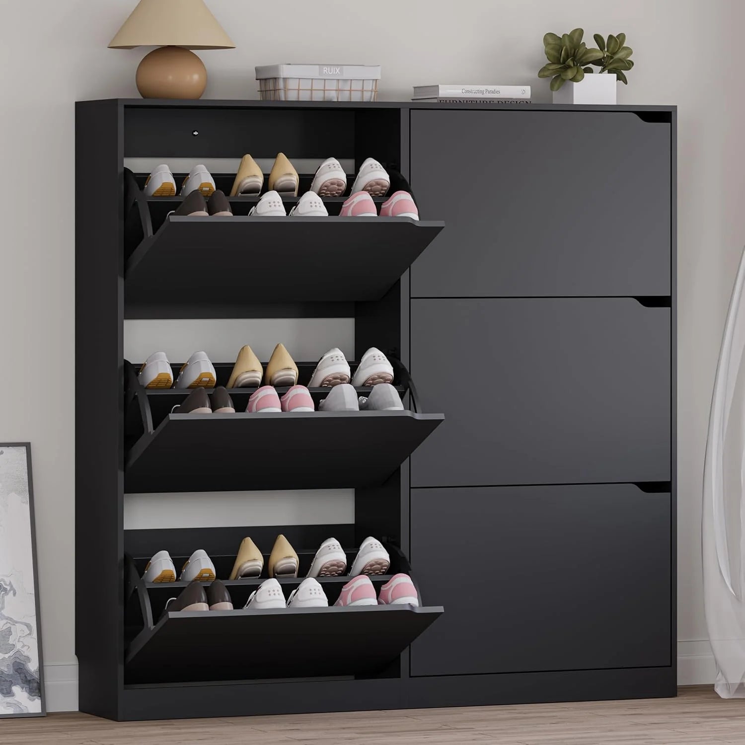 Shoe Cabinet with 3 Flip Drawers Hidden Wood Shoe Cabinet Freestanding Shoe Storage Cabinet