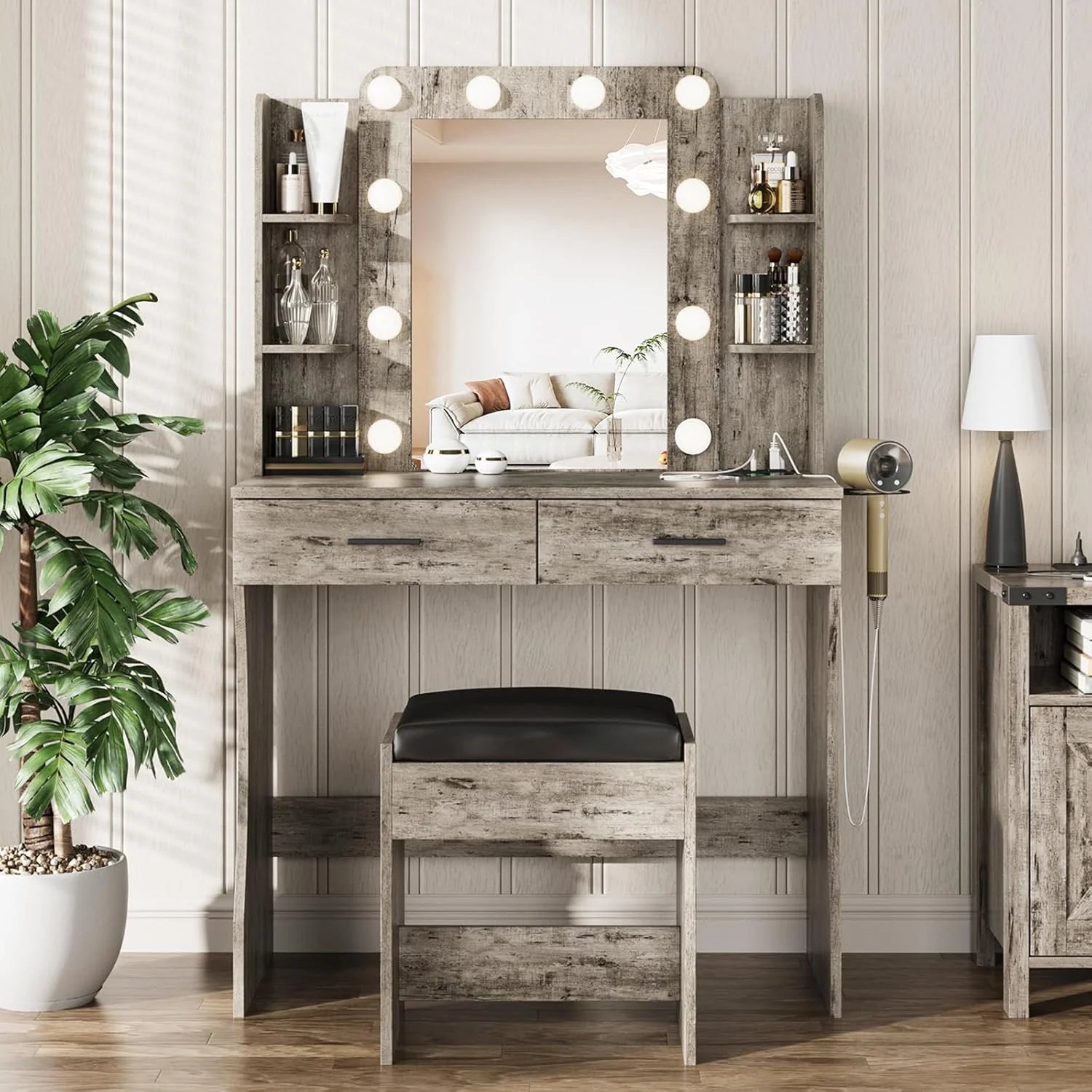 Vabches Vanity Desk with Lights,Makeup Vanity with Power Strip,Dressing Table Set