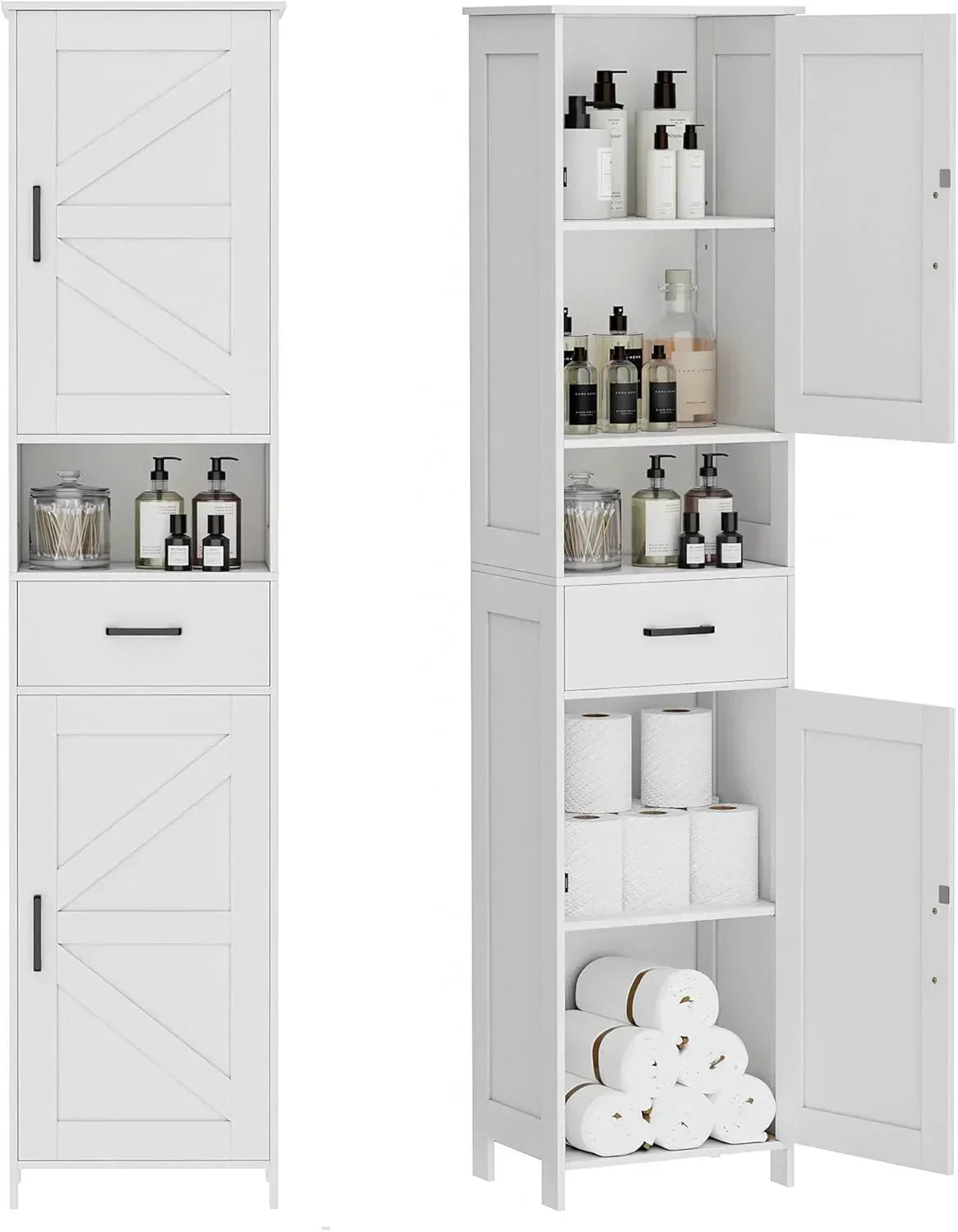 Homhedy 67 H Tall Bathroom Storage Cabinet with 2 Barn Doors and 1 Drawer Narrow Storage Unit