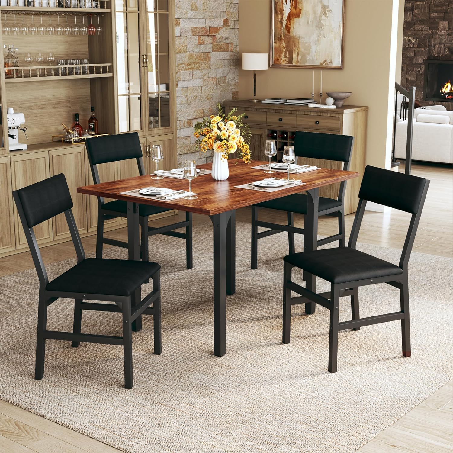 HUAHUU Dining Table Set for 4 Extendable Kitchen Table Cushion Chairs Rectangle Dining Table
