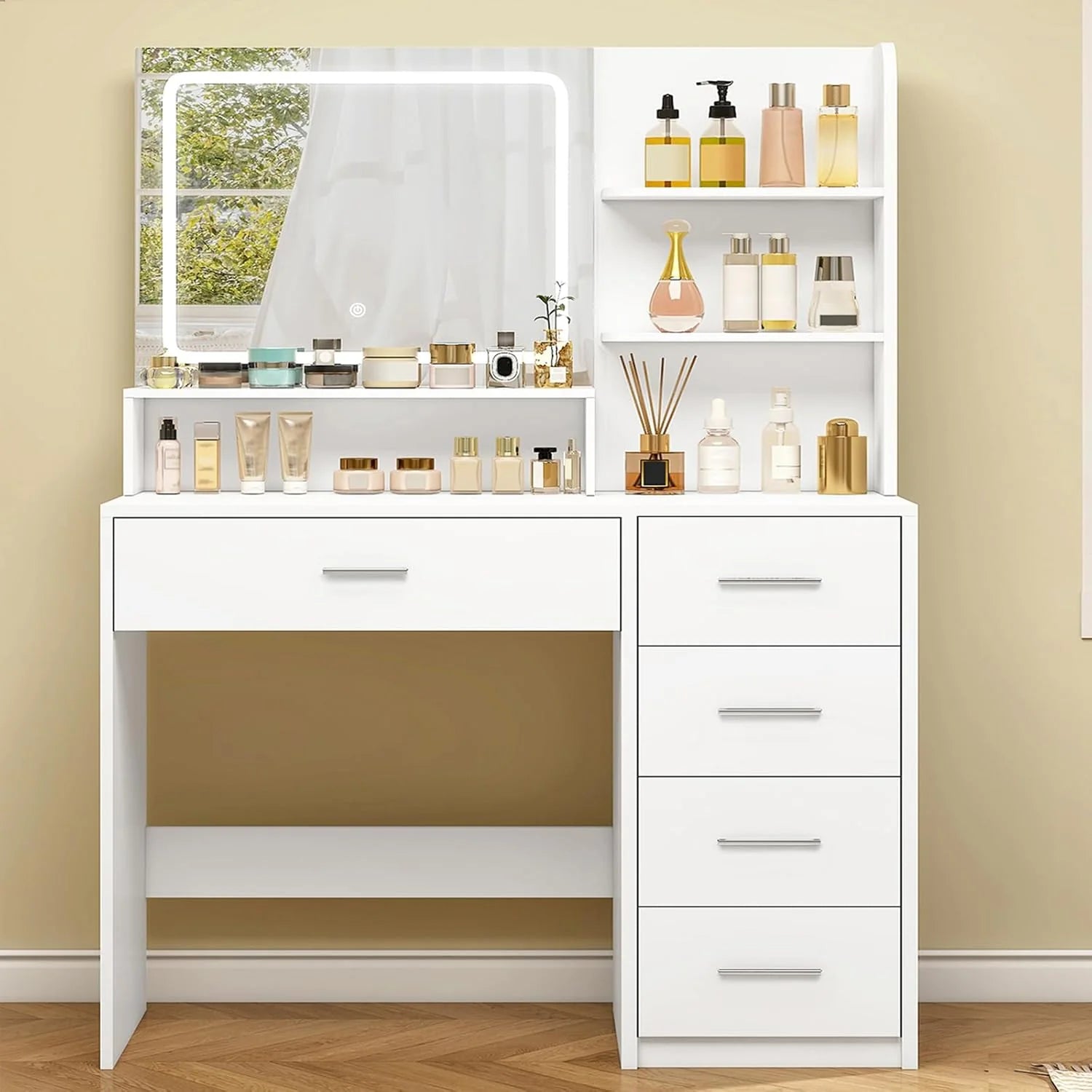 Quimoo Vanity Desk with Mirror & Lights, Makeup Vanity with 5 Drawers & Storage Shelves