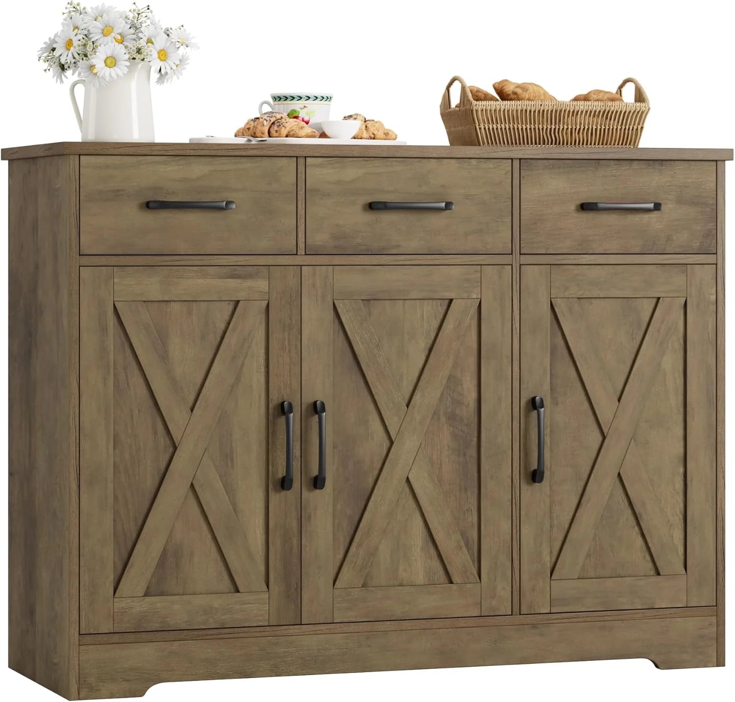 Modern farmhouse sideboard, barn door buffet storage cabinet with drawers and shelves, wooden coffee bar with storage