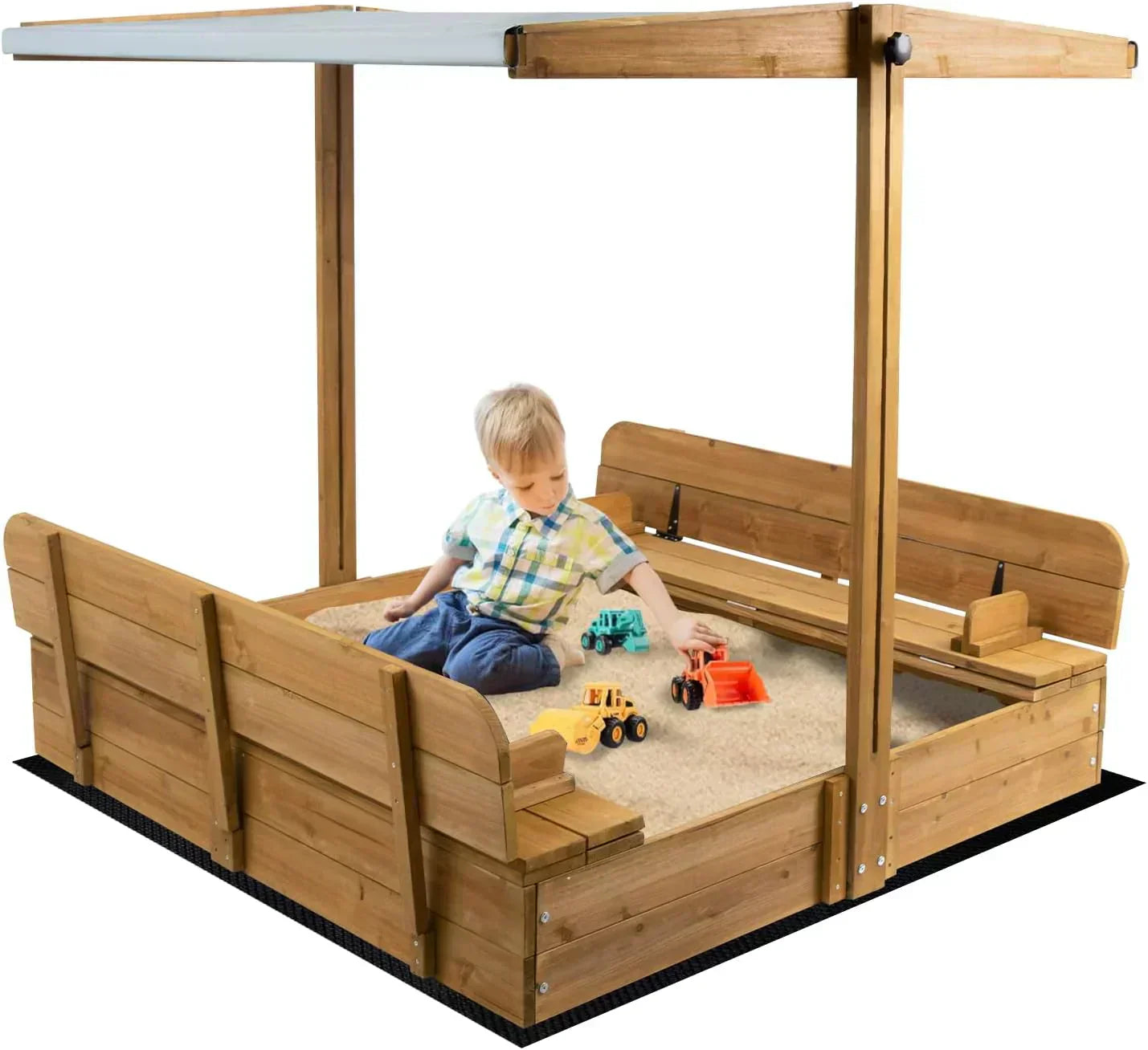 Kids Sandbox with Lid Wooden Sand Box Cover Outdoor UV-Protection Natural Wood Foldable Bench Seat
