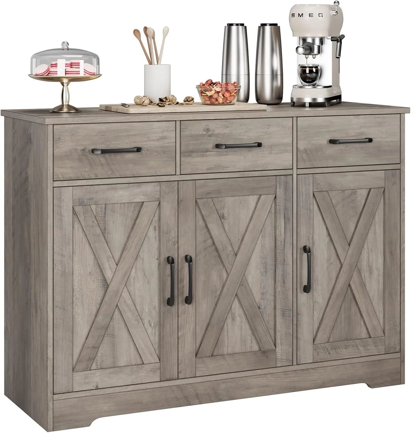 Modern farmhouse sideboard, barn door buffet storage cabinet with drawers and shelves, wooden coffee bar with storage