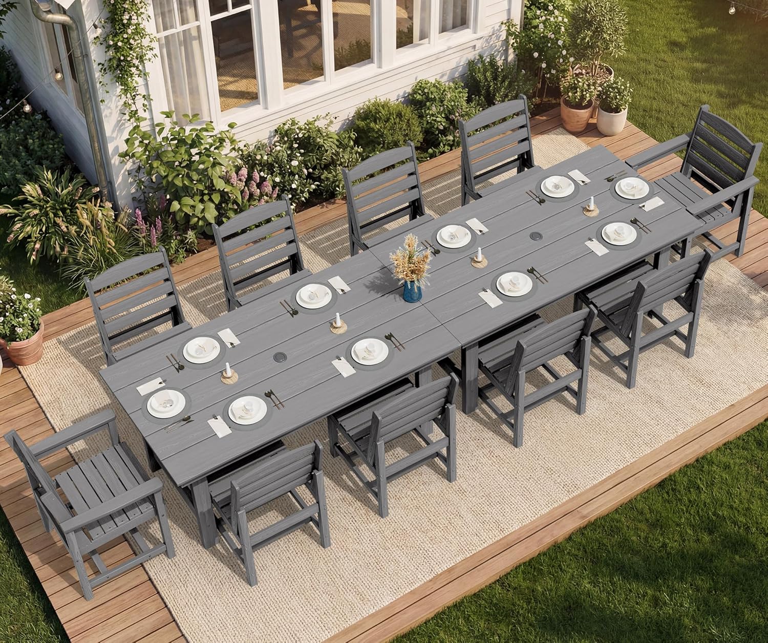 SERWALL 7-Piece Patio Dining Table Sets, Outdoor HDPE Dining Furniture Set with Umbrella Hole Cut-Out Table and 6 Chairs, Blue