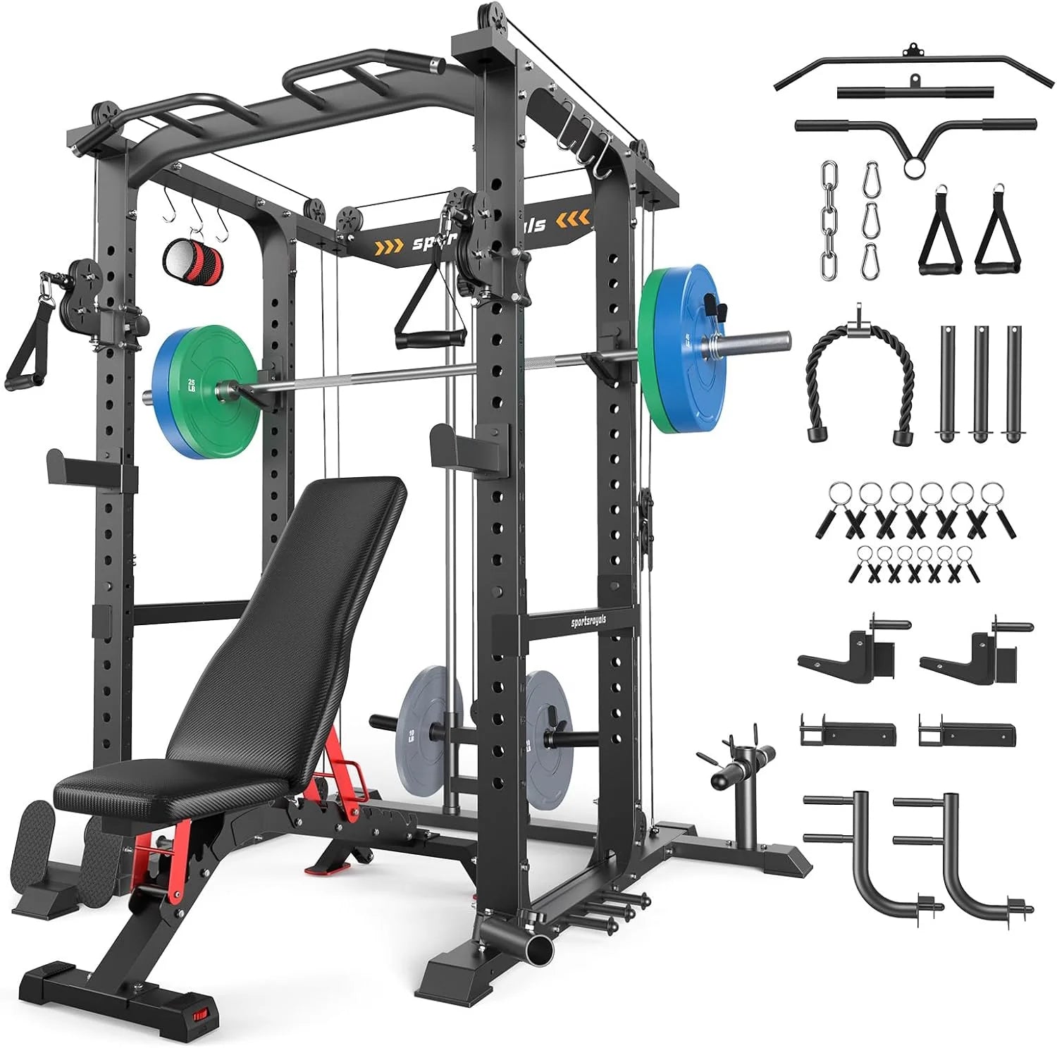 Sportsroyals Squat Rack, LAT Power Cage, Power Rack Multi-Function with Pulley System