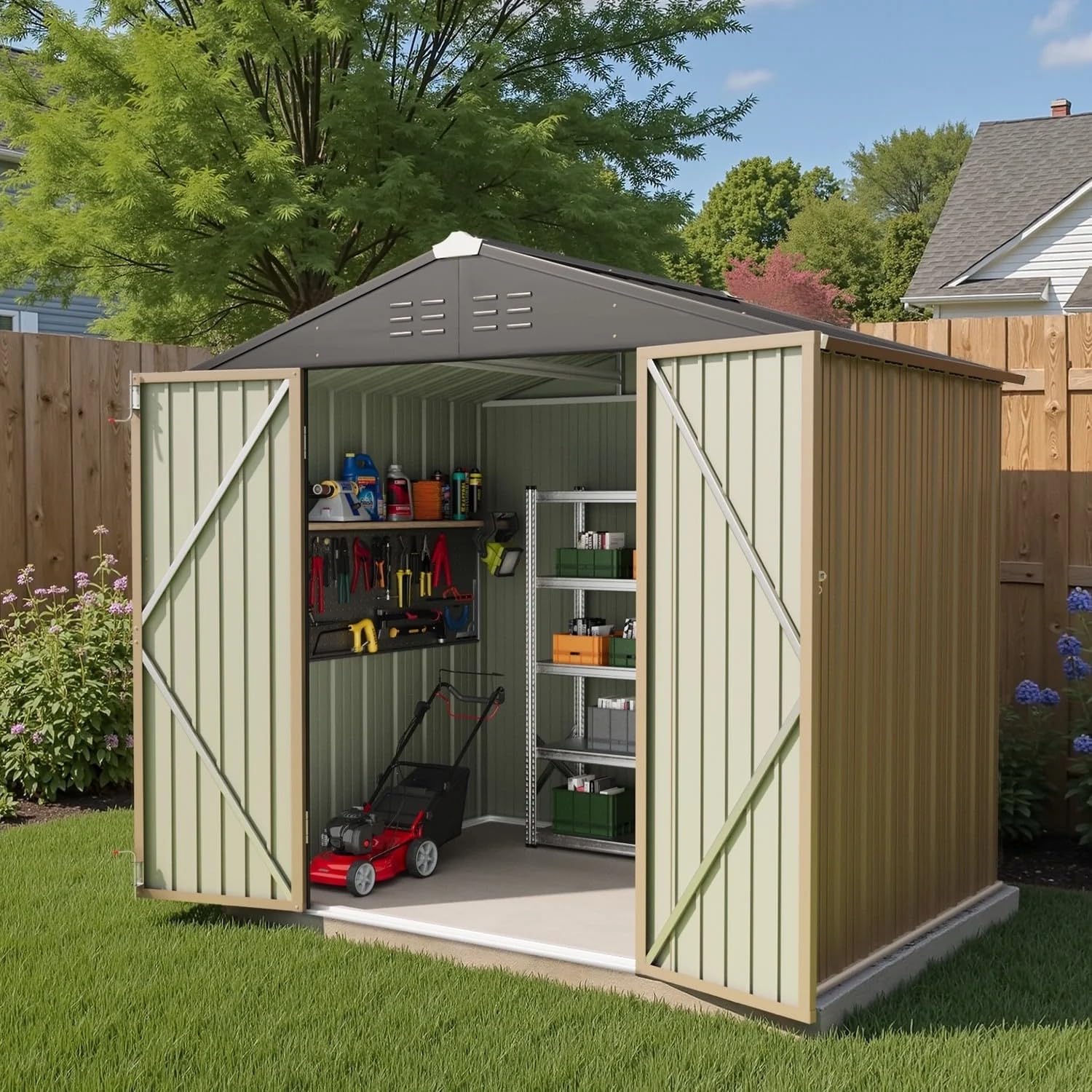Greesum 6×4 FT Outdoor Storage Shed, Metal Patio Storage Shed with Lockable Door