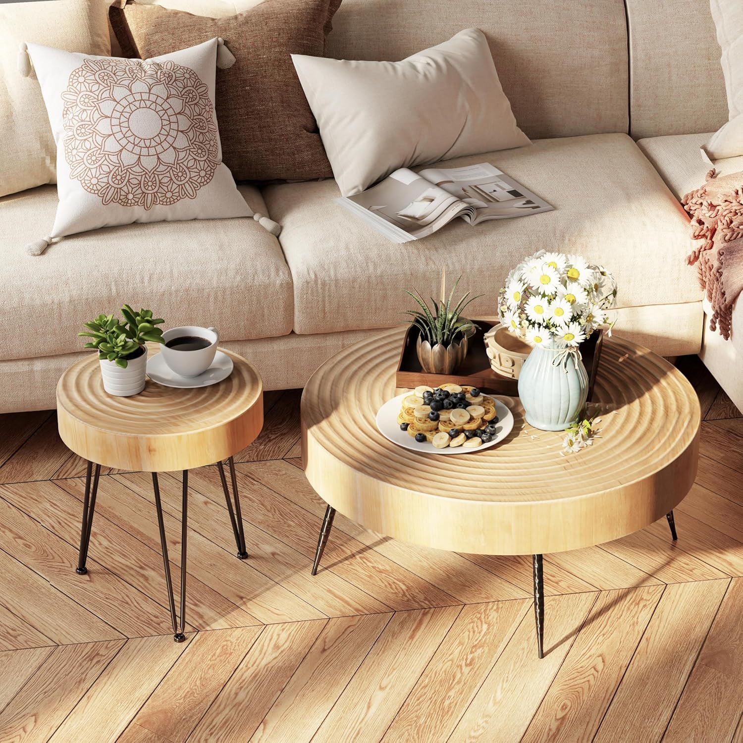 Two-Piece Modern Farmhouse Living Room Coffee Table Set Round Nesting Tables