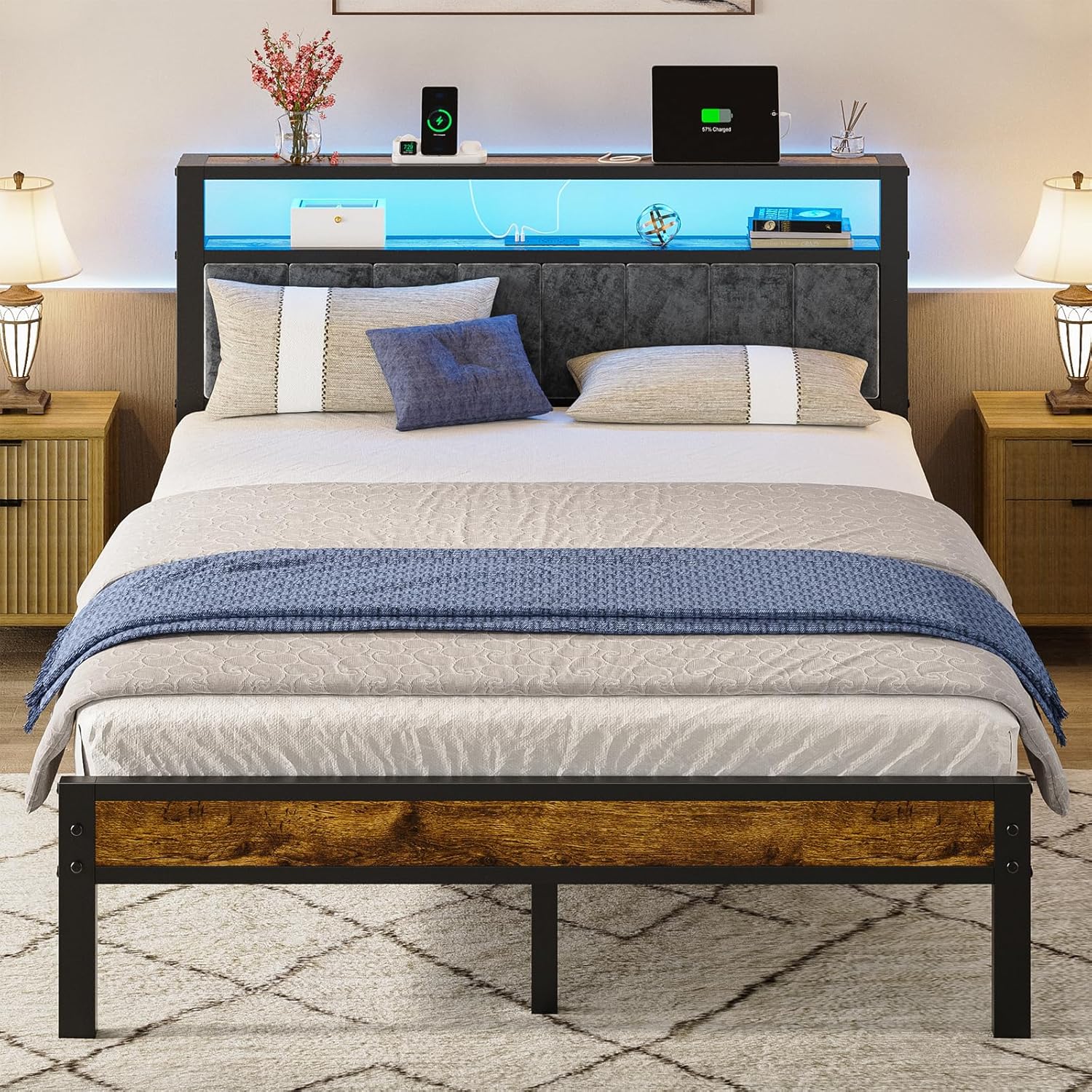 Queen Size Bed Frame with 2-Tier Storage Shelves Headboard Platform Bed Charging Station