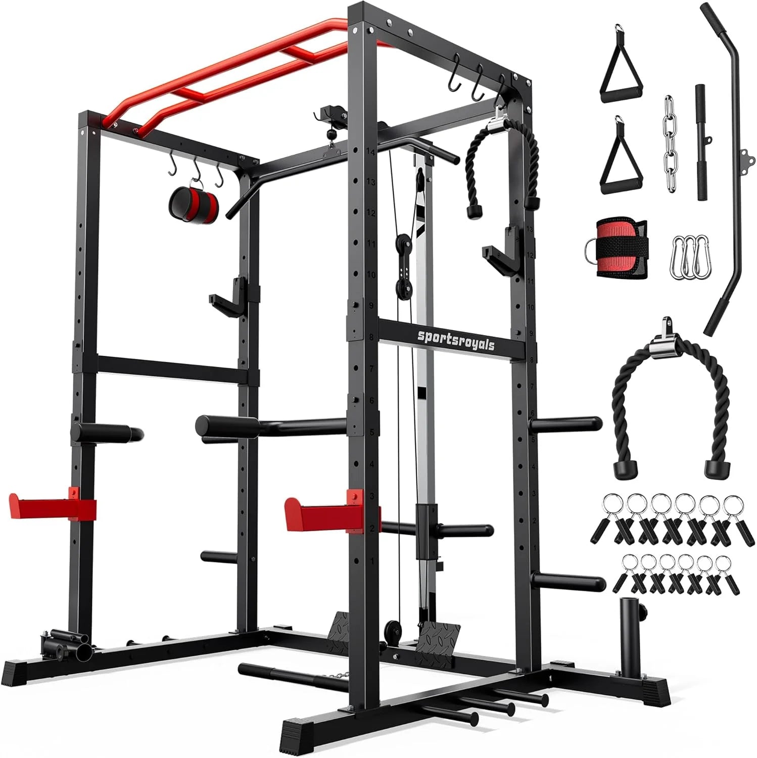 Sportsroyals Squat Rack, LAT Power Cage, Power Rack Multi-Function with Pulley System