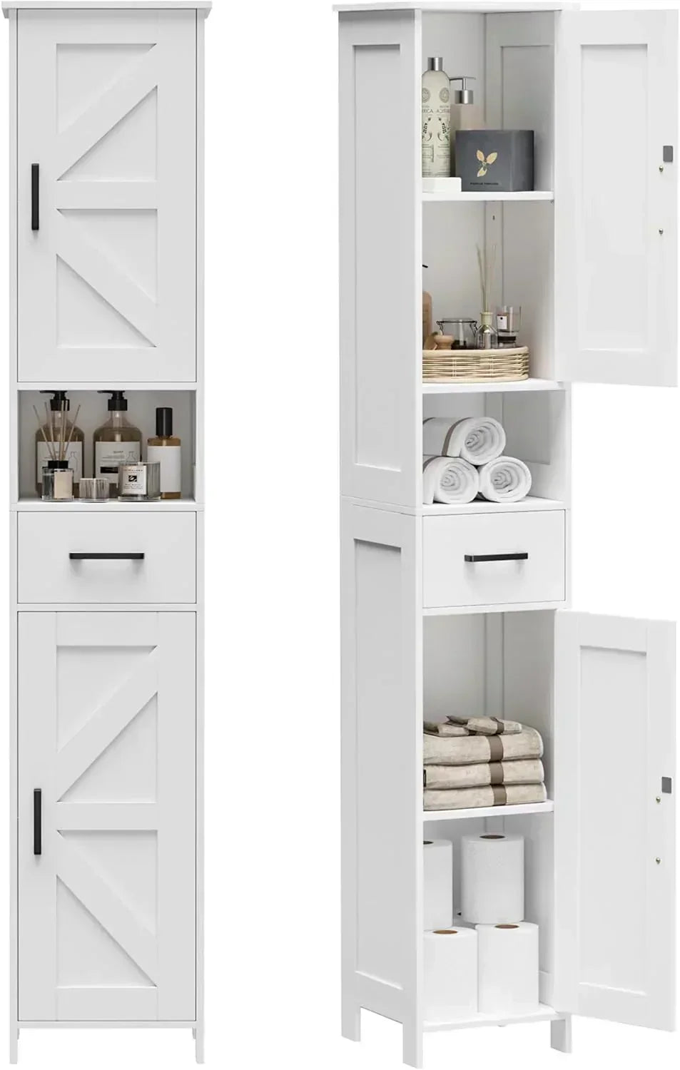 Homhedy 67 H Tall Bathroom Storage Cabinet with 2 Barn Doors and 1 Drawer Narrow Storage Unit