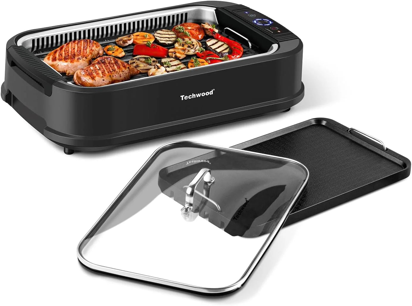 Indoor Grill, Techwood 1500W Smokeless Electric Grill with Tempered Glass Lid, Compact & Portable Non-Stick BBQ Grill with 6-Level Control, Dishwasher Safe, Black