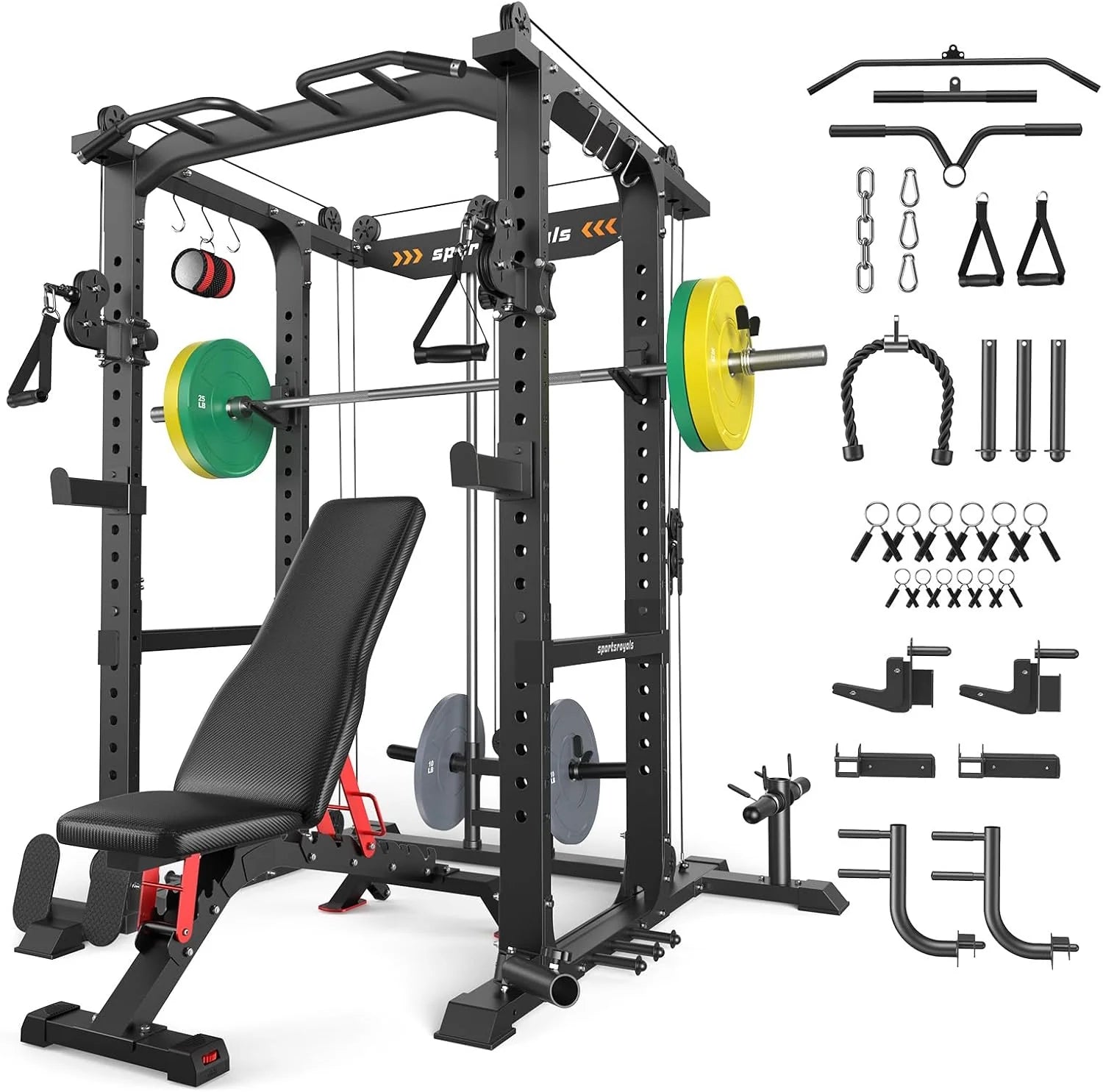 Sportsroyals Squat Rack, LAT Power Cage, Power Rack Multi-Function with Pulley System