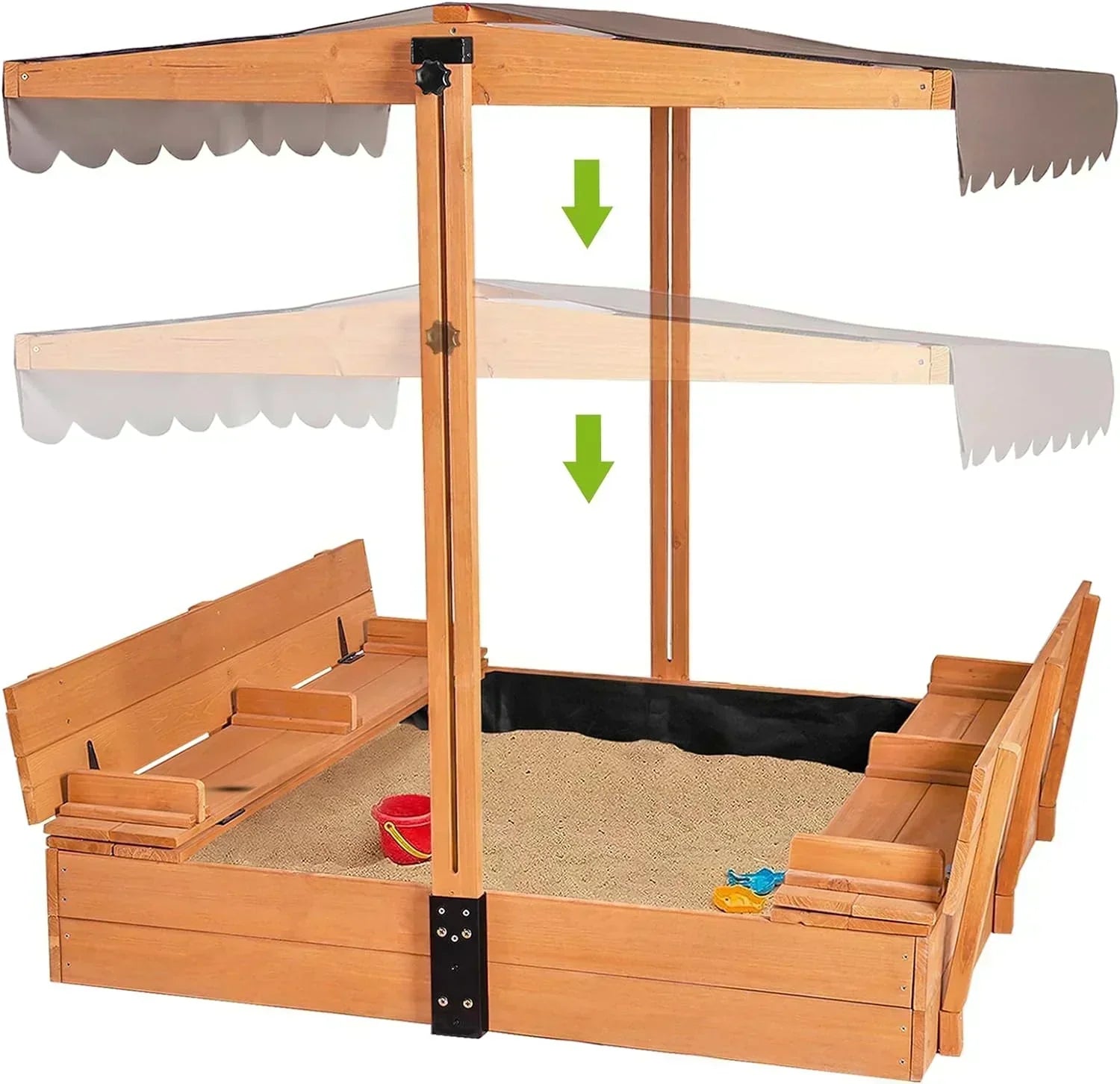 Kids Wooden Outdoor Sandbox Canopy 2 Foldable Bench Seats Retractable Roof Sand Protection Liner