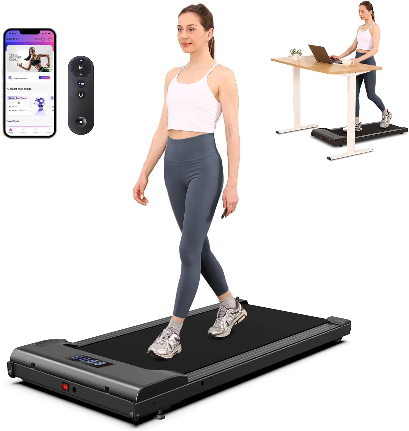 Lichico Walking Pad Under Desk Treadmill, Ultra-Quiet Brushless Electric Walking and Jogging Treadmill with Remote Control