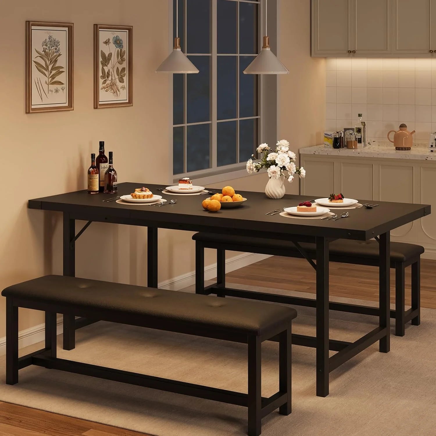 IDEALHOUSE 3 Piece Dining Table Set 63 Thick Metal Frame Kitchen Table Wooden Dinette Table Set