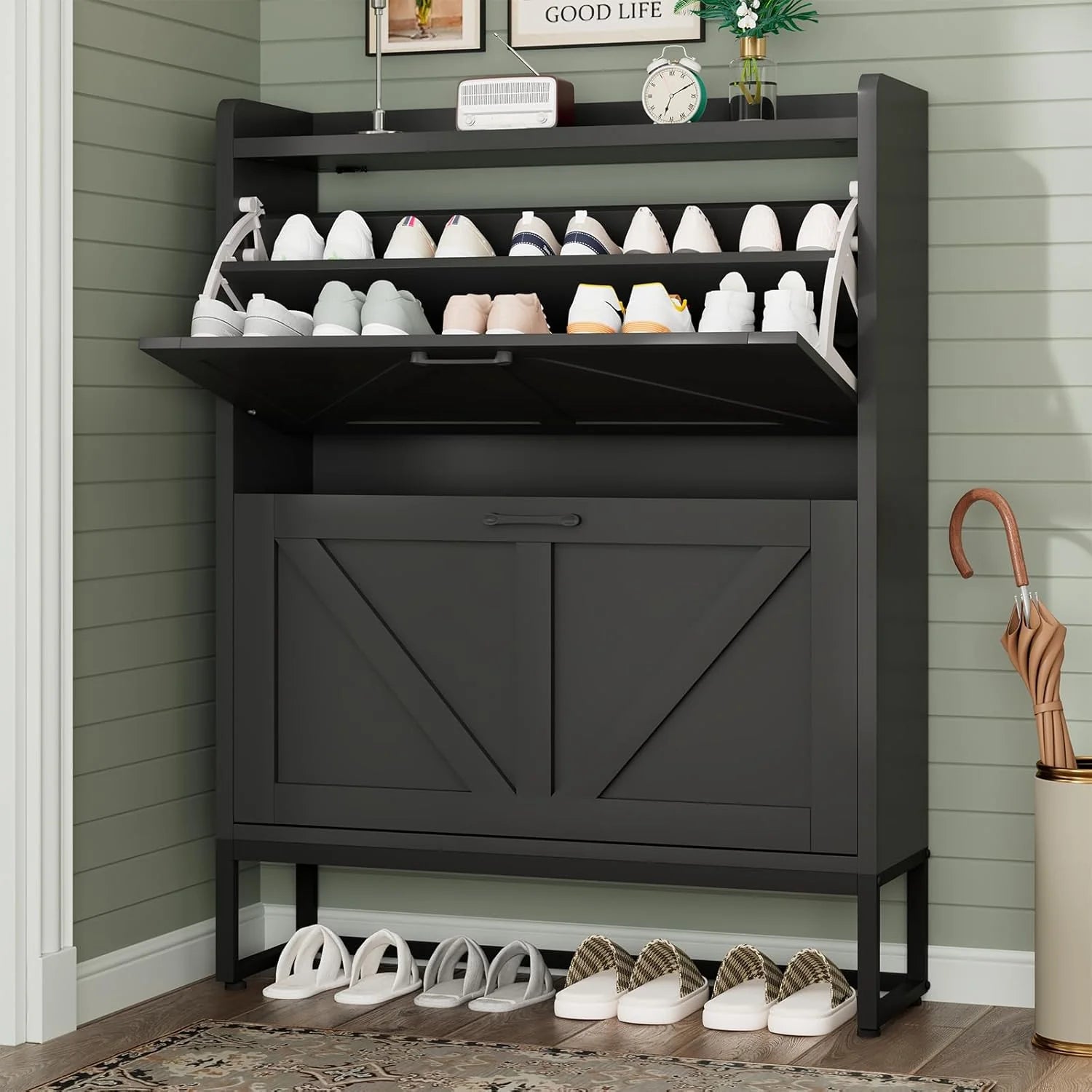 Shoe Cabinet, Shoe Storage Cabinet with 2 Flip Drawers & Adjustable Shelf
