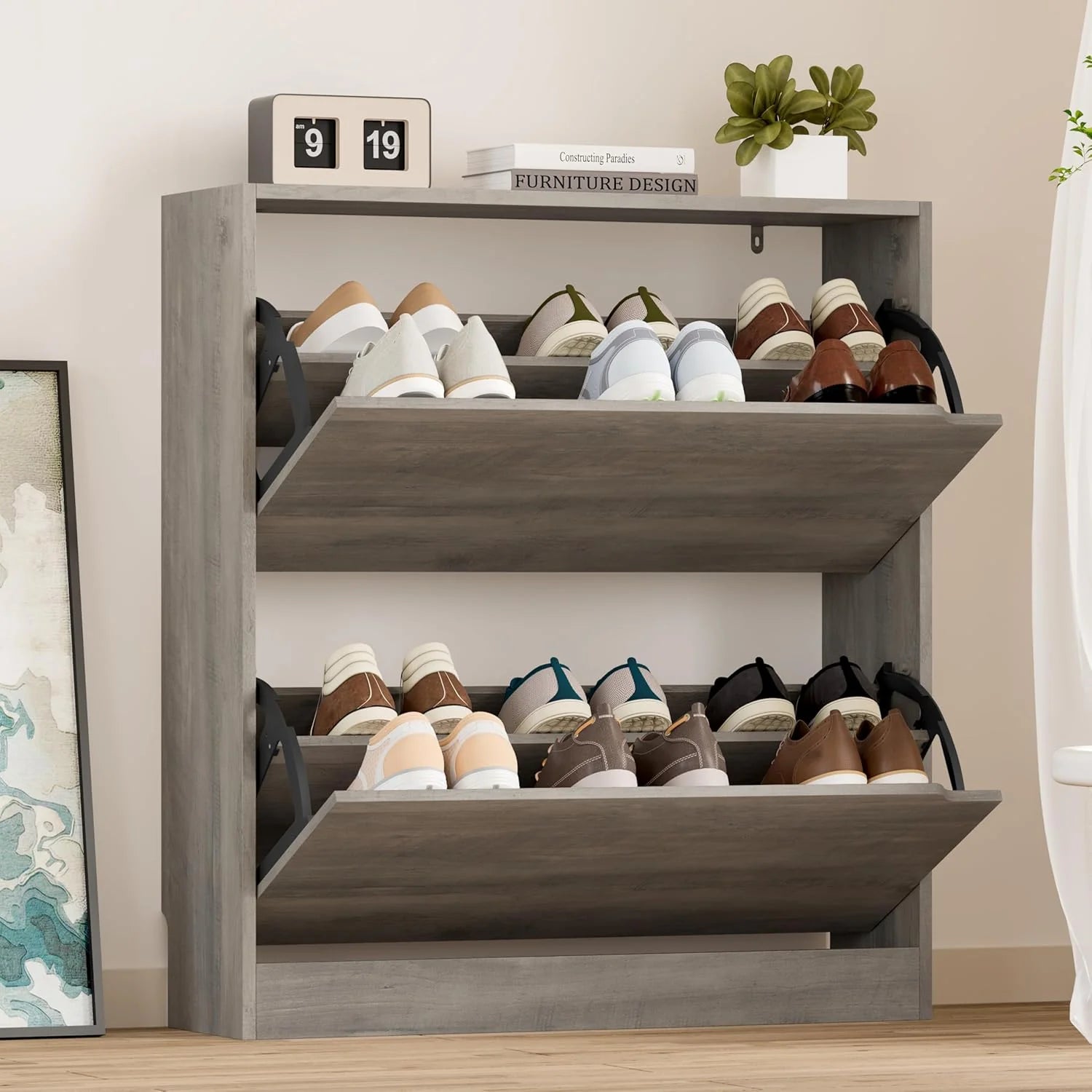 Shoe Cabinet with 3 Flip Drawers Hidden Wood Shoe Cabinet Freestanding Shoe Storage Cabinet