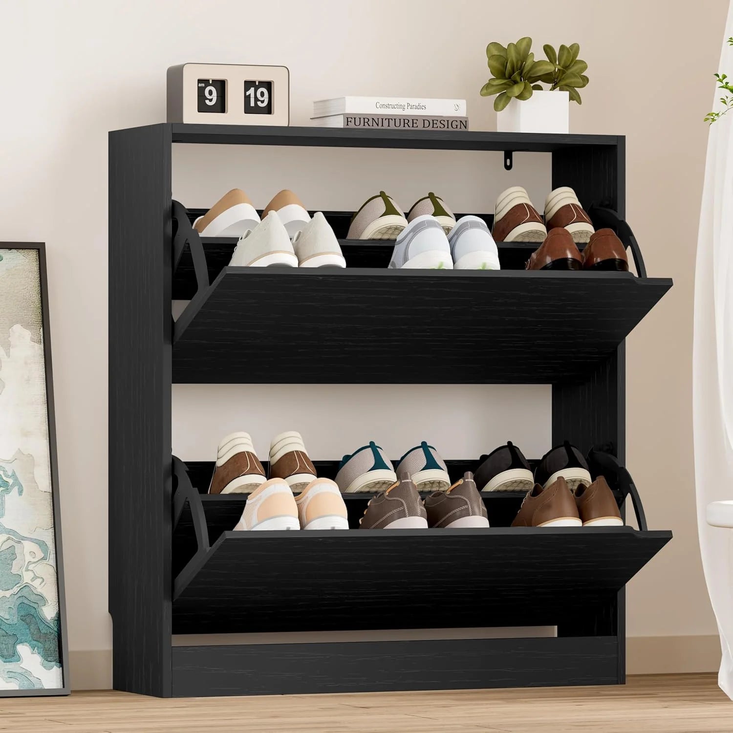 Shoe Cabinet with 3 Flip Drawers Hidden Wood Shoe Cabinet Freestanding Shoe Storage Cabinet