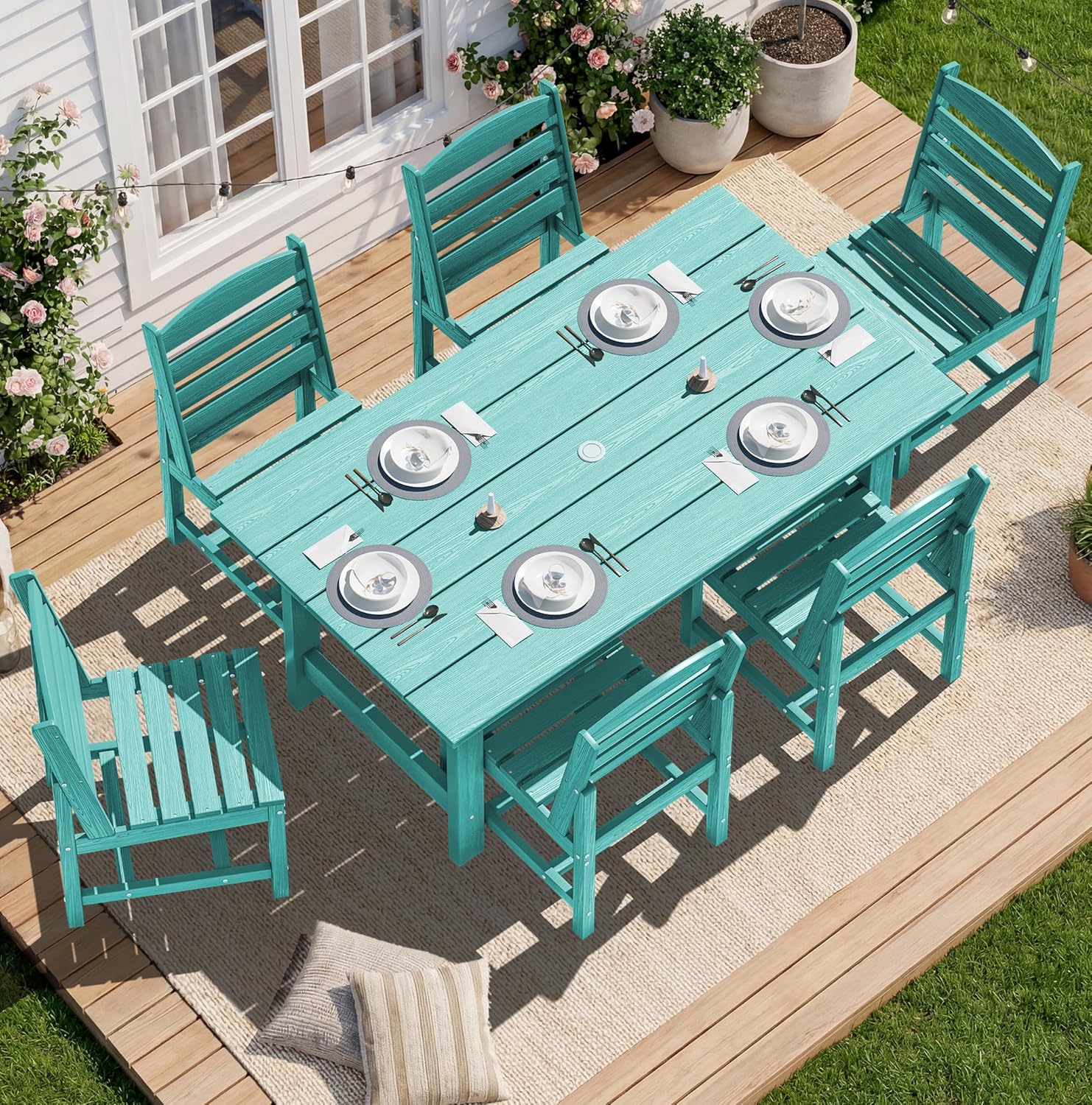 SERWALL 7-Piece Patio Dining Table Sets, Outdoor HDPE Dining Furniture Set with Umbrella Hole Cut-Out Table and 6 Chairs, Blue