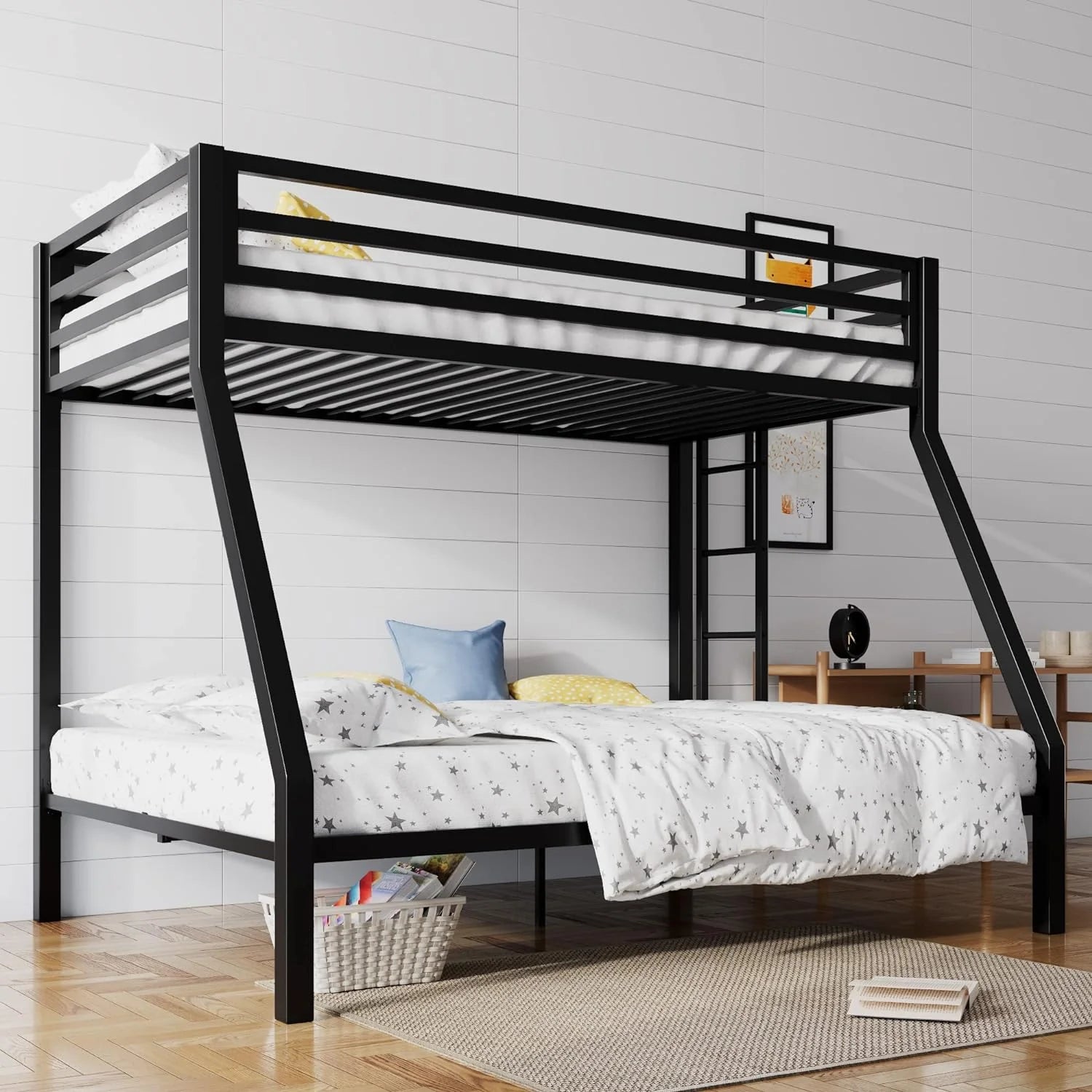 SHA CERLIN Loft Bunk Bed Twin Over Full Size Ladder and Guardrail Heavy Duty Metal Slats Support