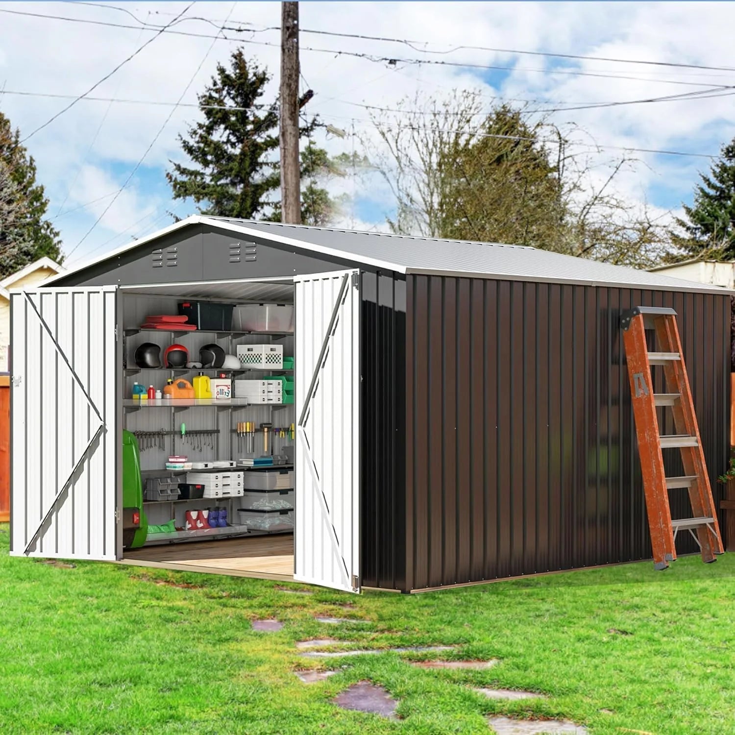 Polar Aurora 8 x 12 FT Outdoor Storage Shed, Metal Garden Shed with Updated Frame Structure, Tool Sheds for Backyard Garden Patio Lawn Black