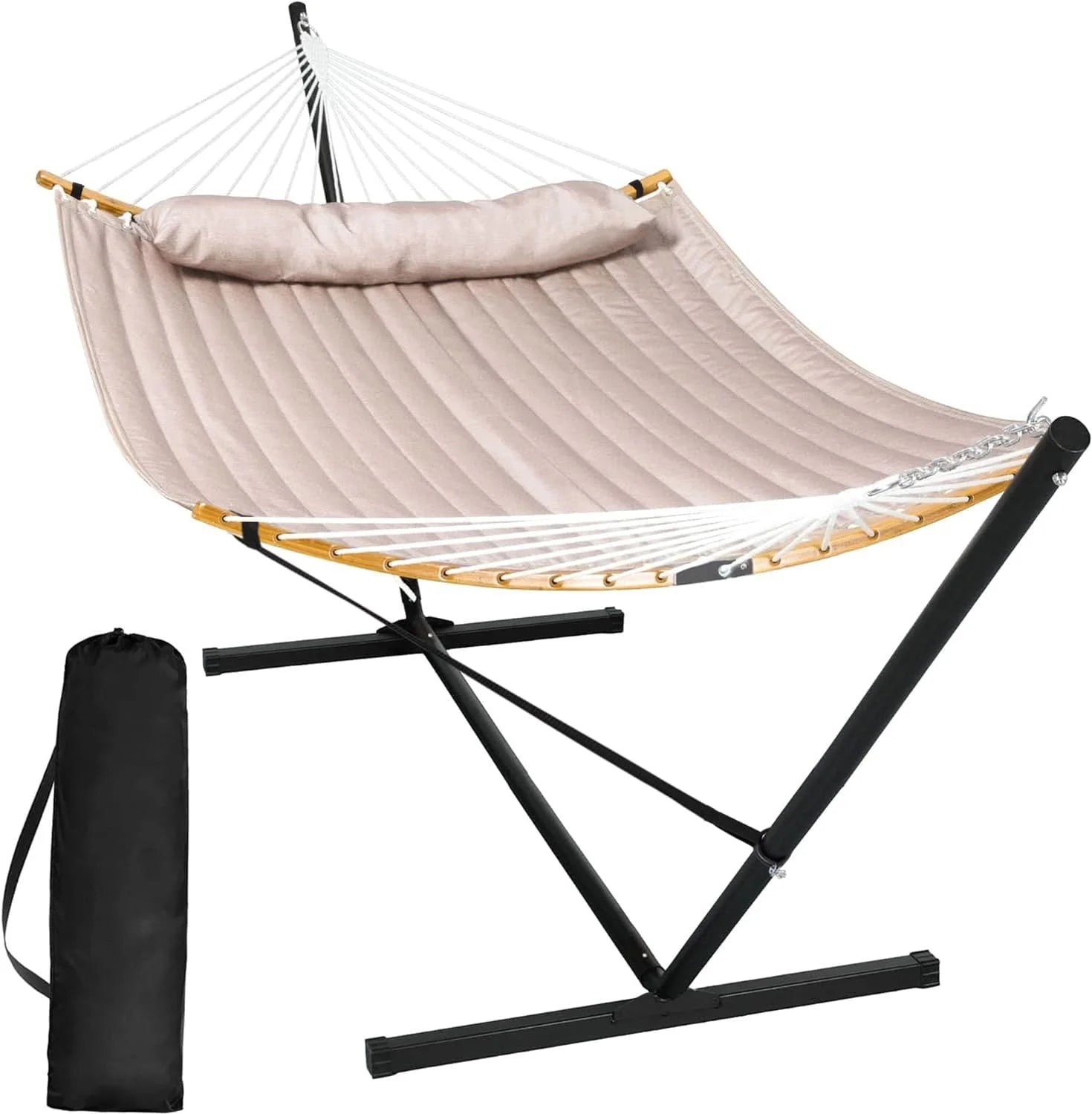 SUNCREAT Double Portable Hammock with Stand 2 Person Hammock with Curved Spreader Bar