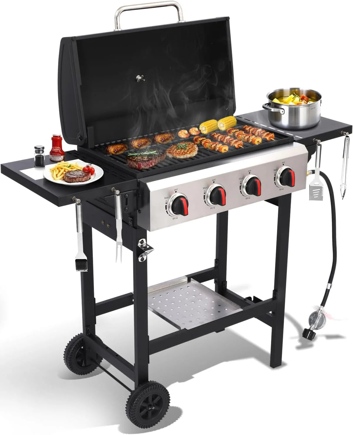 Propane gas grill with fold-out side table, cast iron grate and stainless steel skillet