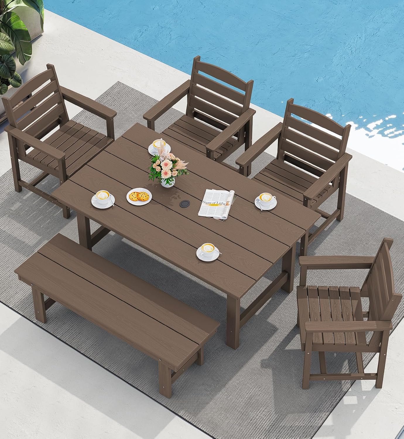 SERWALL 7-Piece Patio Dining Table Sets, Outdoor HDPE Dining Furniture Set with Umbrella Hole Cut-Out Table and 6 Chairs, Blue
